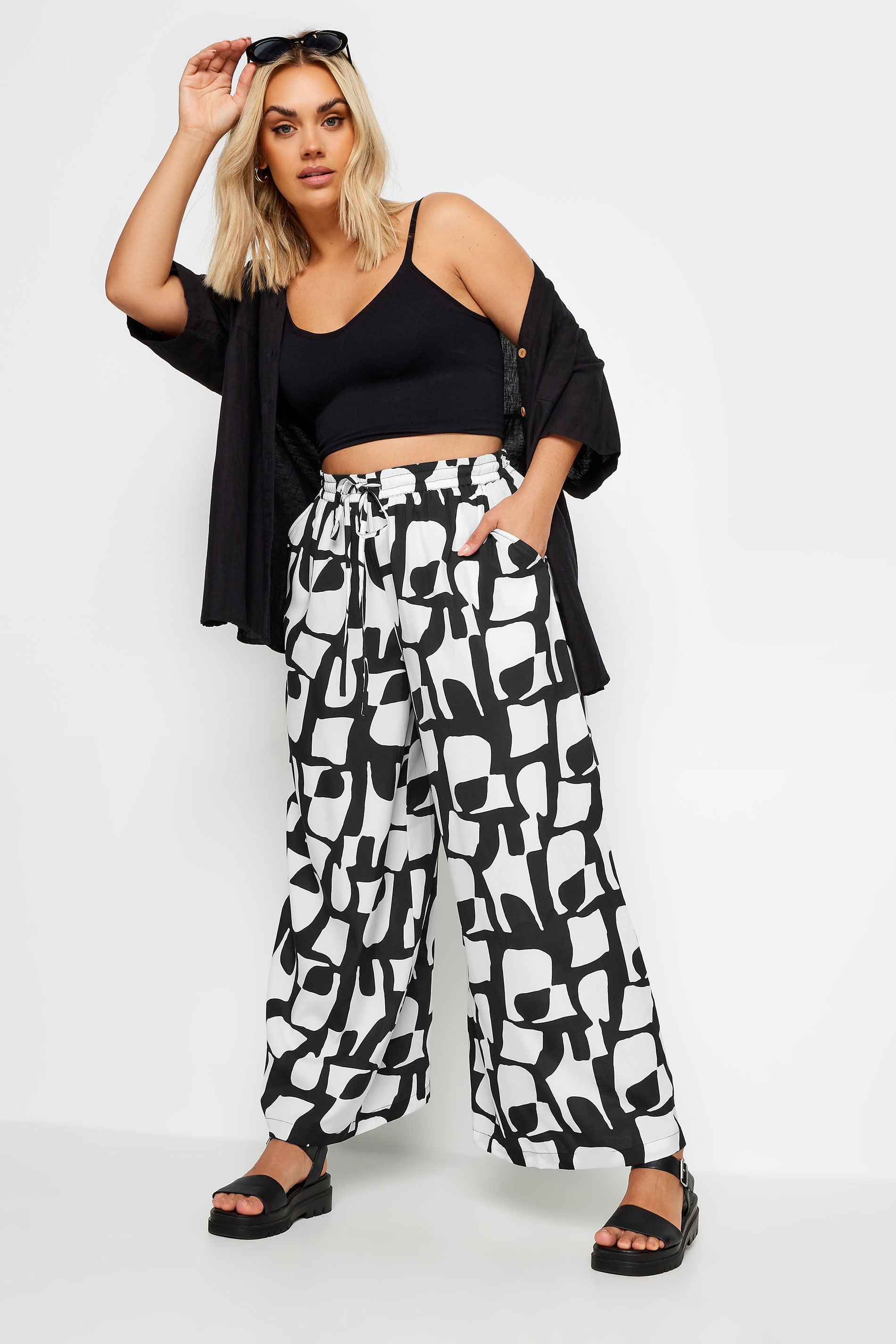 LIMITED COLLECTION Plus Size Black Abstract Print Drawstring Wide Leg Trousers | Yours Clothing 2