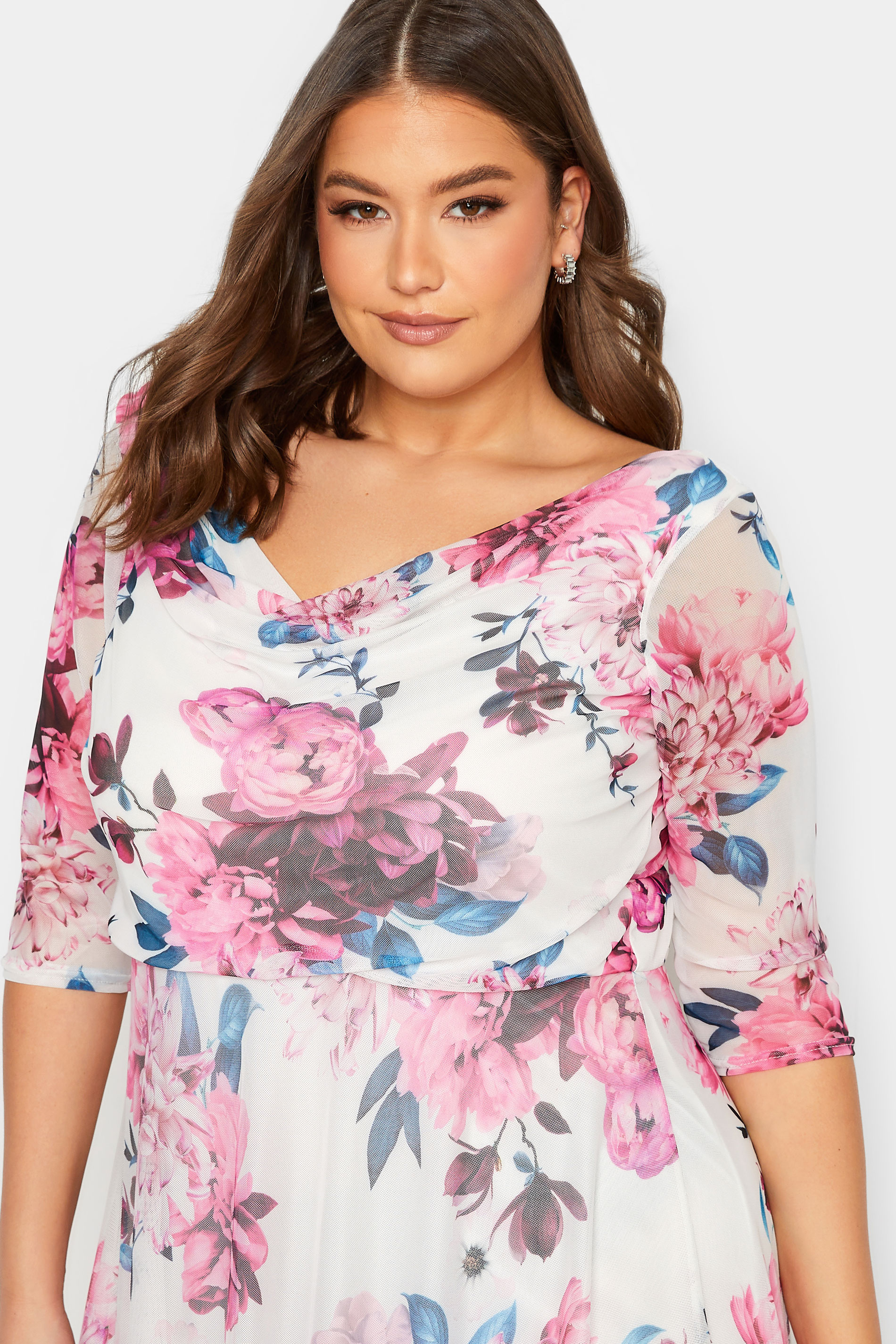 Yours London Plus Size White Floral Cowl Neck Mesh Dress Yours Clothing