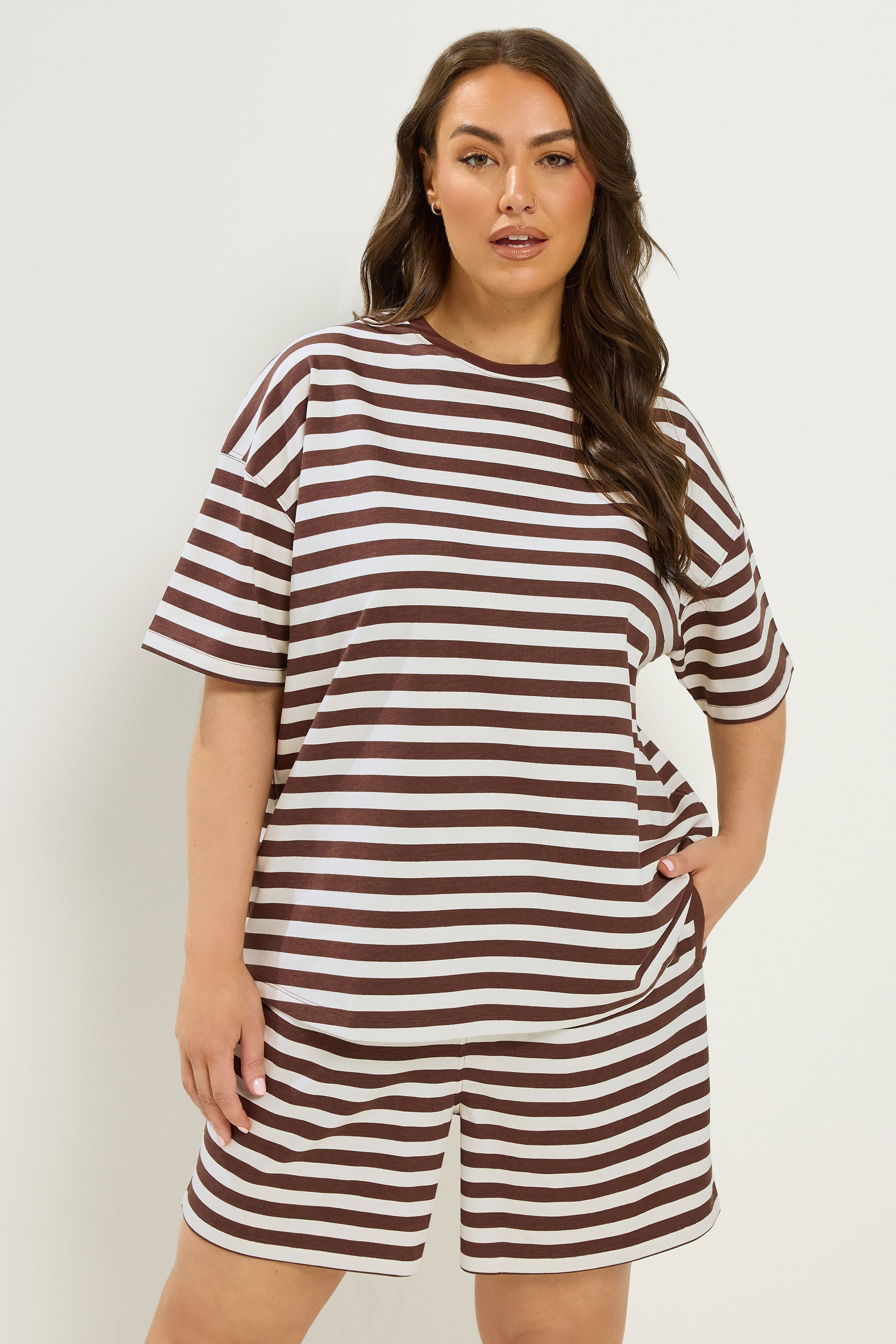 YOURS Plus Size Brown Stripe T-Shirt & Shorts Co-ord | Yours Clothing 1