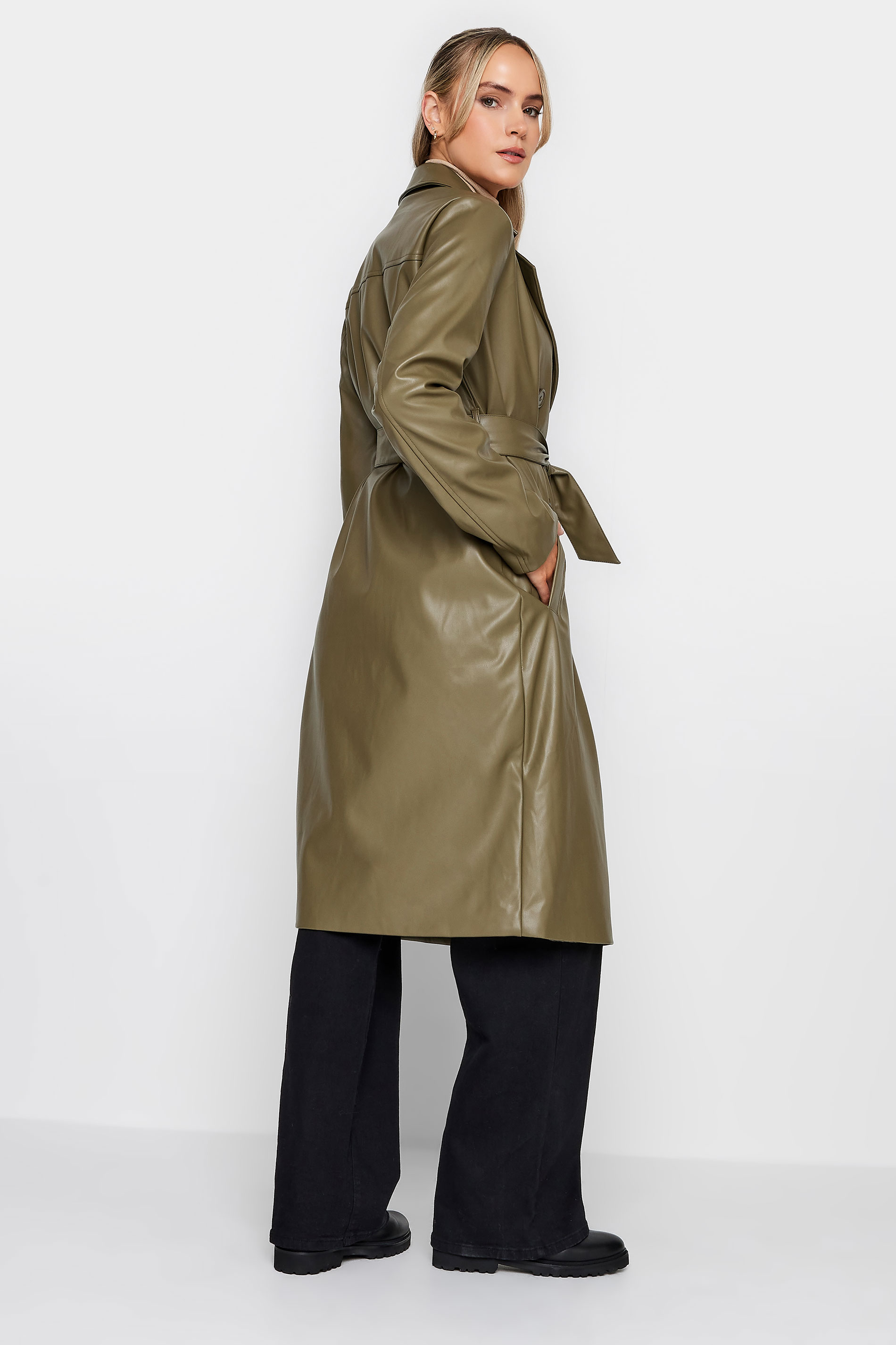LTS Tall Olive Green Faux Leather Trench Coat | Long Tall Sally 3