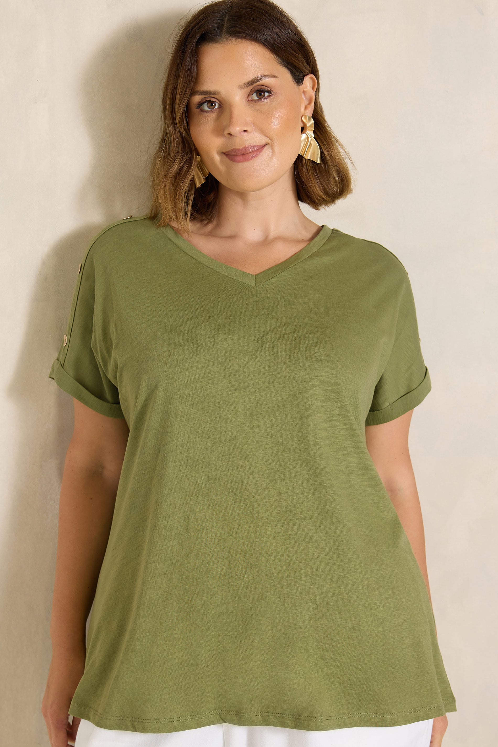 EVANS Plus Size Khaki Green Button Shoulder T-Shirt | Evans 3