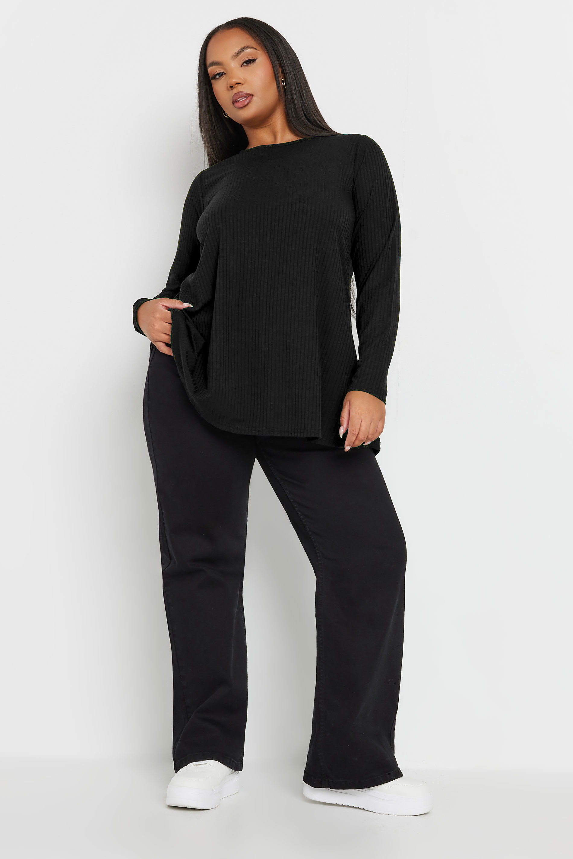 YOURS Plus Size Black Long Sleeve Ribbed Swing Top | Yours Clothing