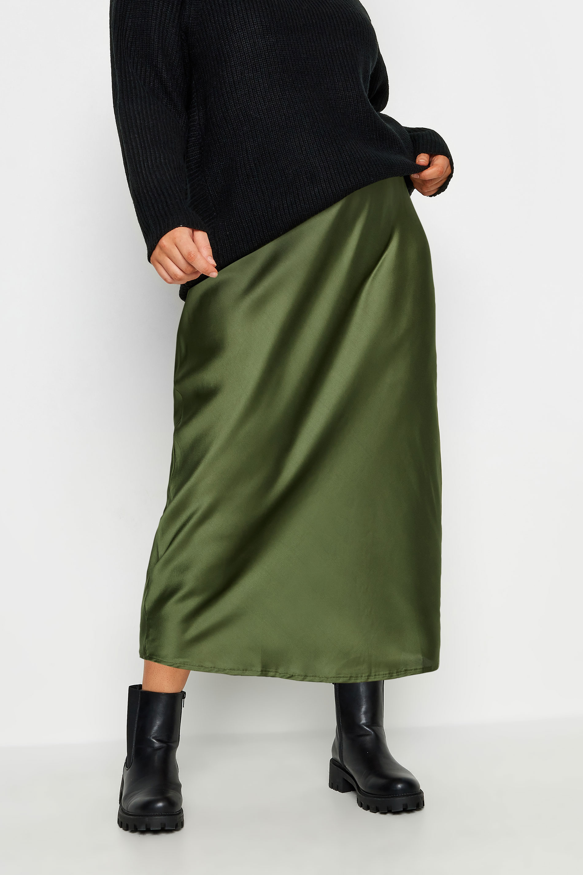 YOURS Plus Size Olive Green Satin Midi Skirt | Yours Clothing 1