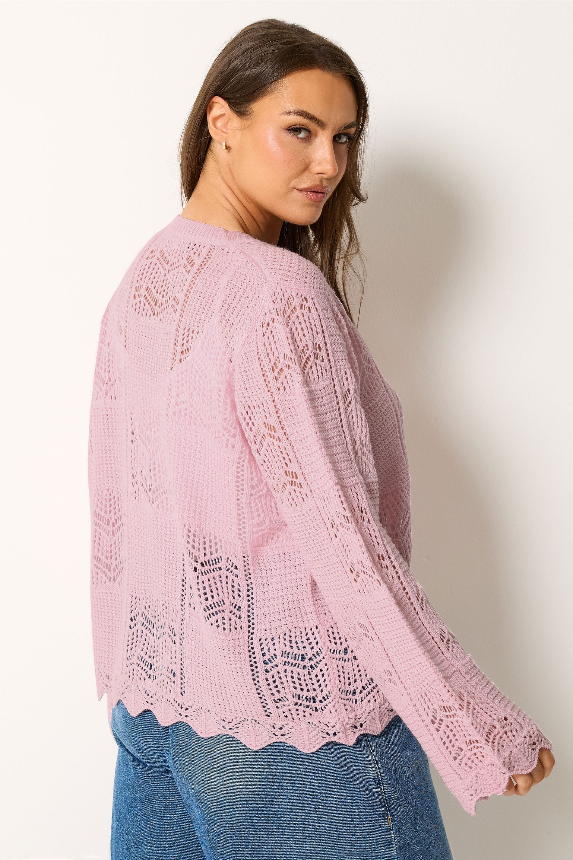 YOURS Plus Size Pink Crochet Knitted Cardigan | Yours Clothing 2