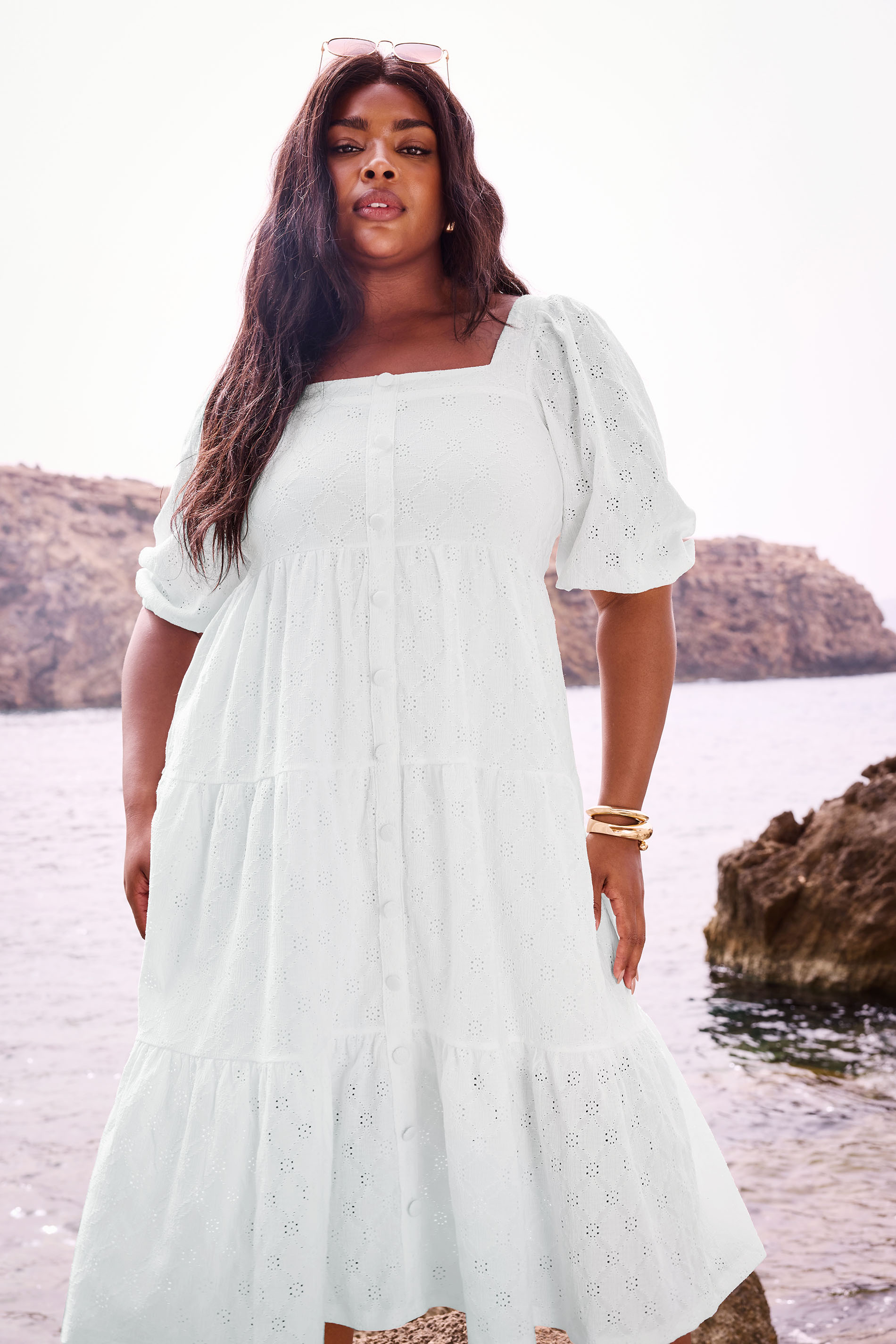 YOURS Plus Size White Broderie Anglaise Button Front Dress Yours Clothing