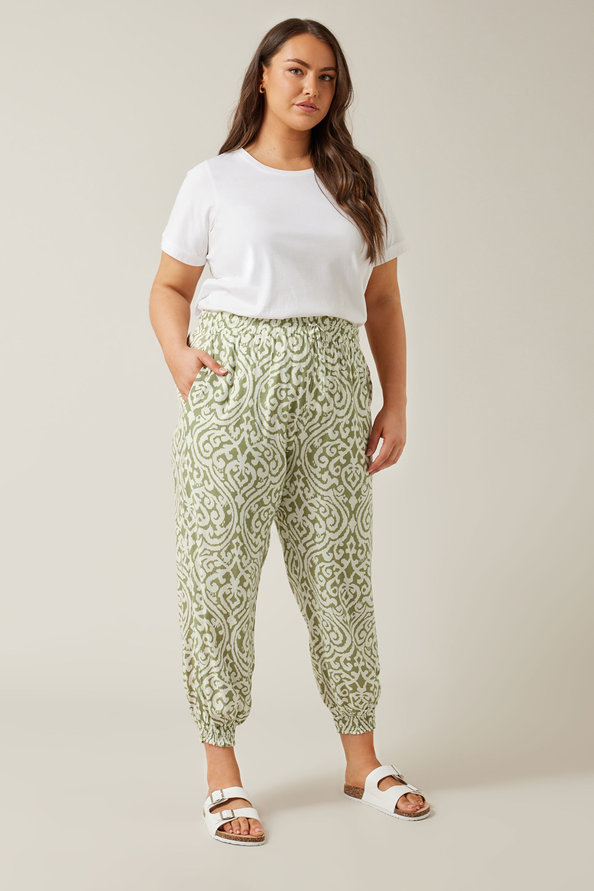 EVANS Plus Size Green Ikat Print Cuffed Harem Trousers | Evans  3