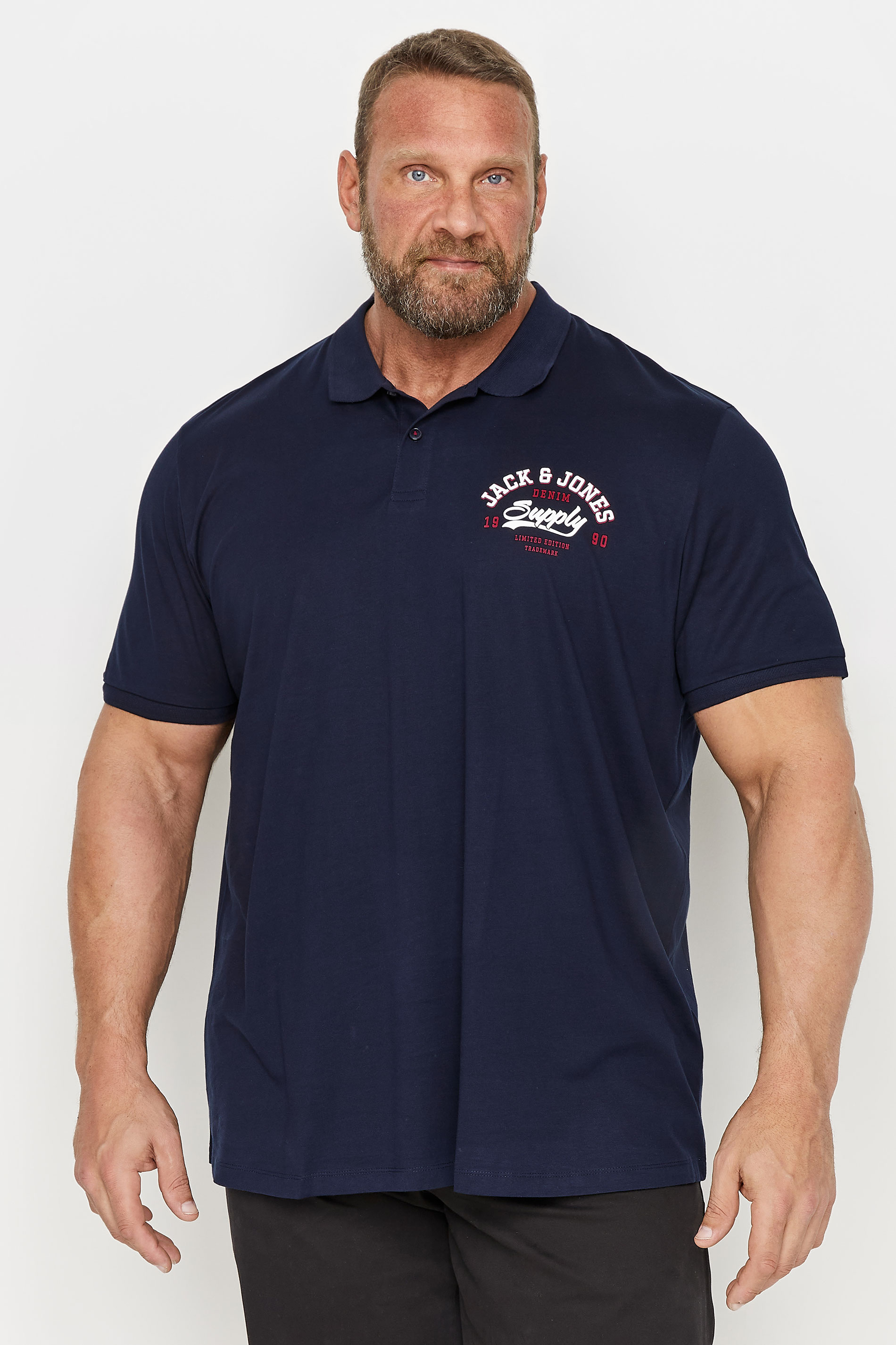 JACK & JONES Big & Tall Navy Blue Logo Short Sleeve Polo Shirt | BadRhino 1