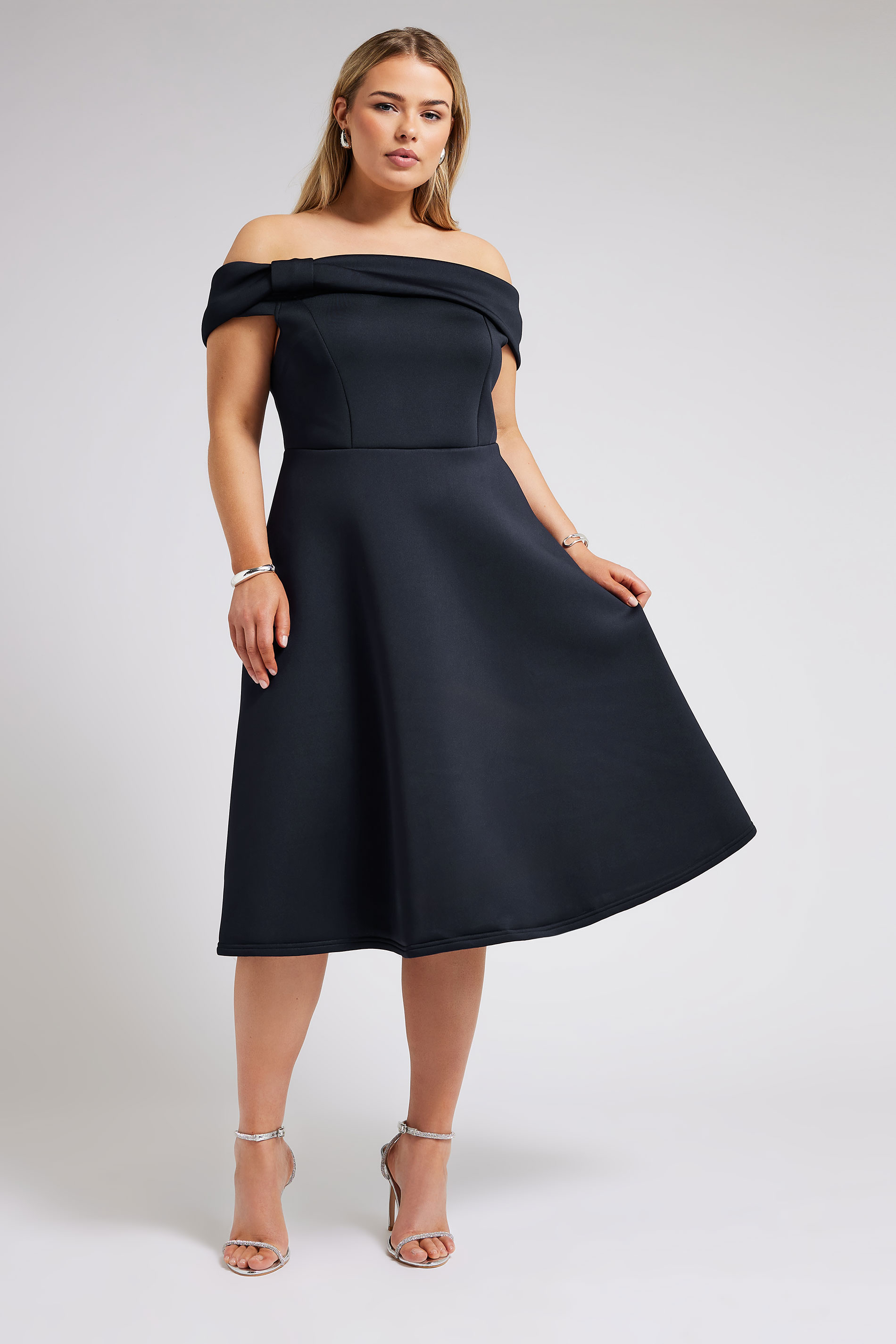 YOURS LONDON Plus Size Navy Blue Bow Bardot Skater Dress | Yours Clothing 3