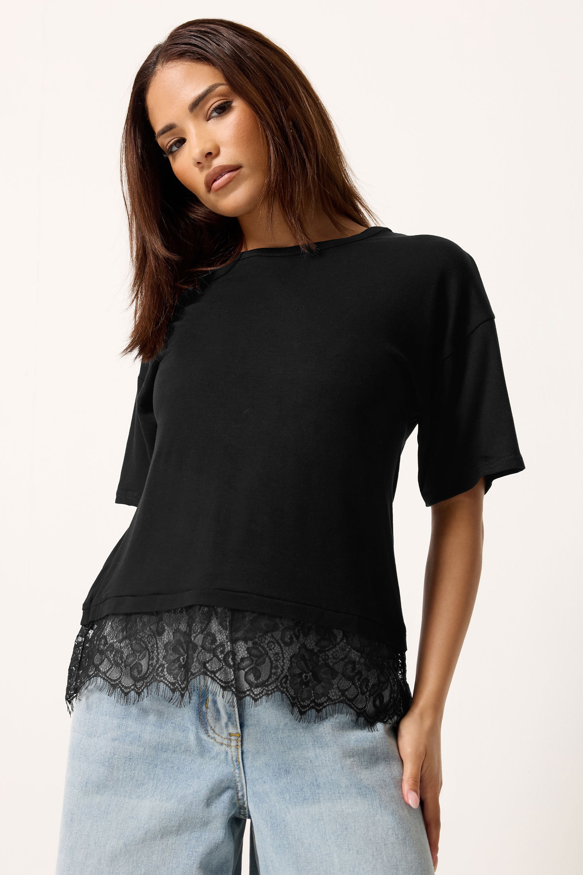 PixieGirl Petite Women's Black Lace Hem T-Shirt | PixieGirl 1