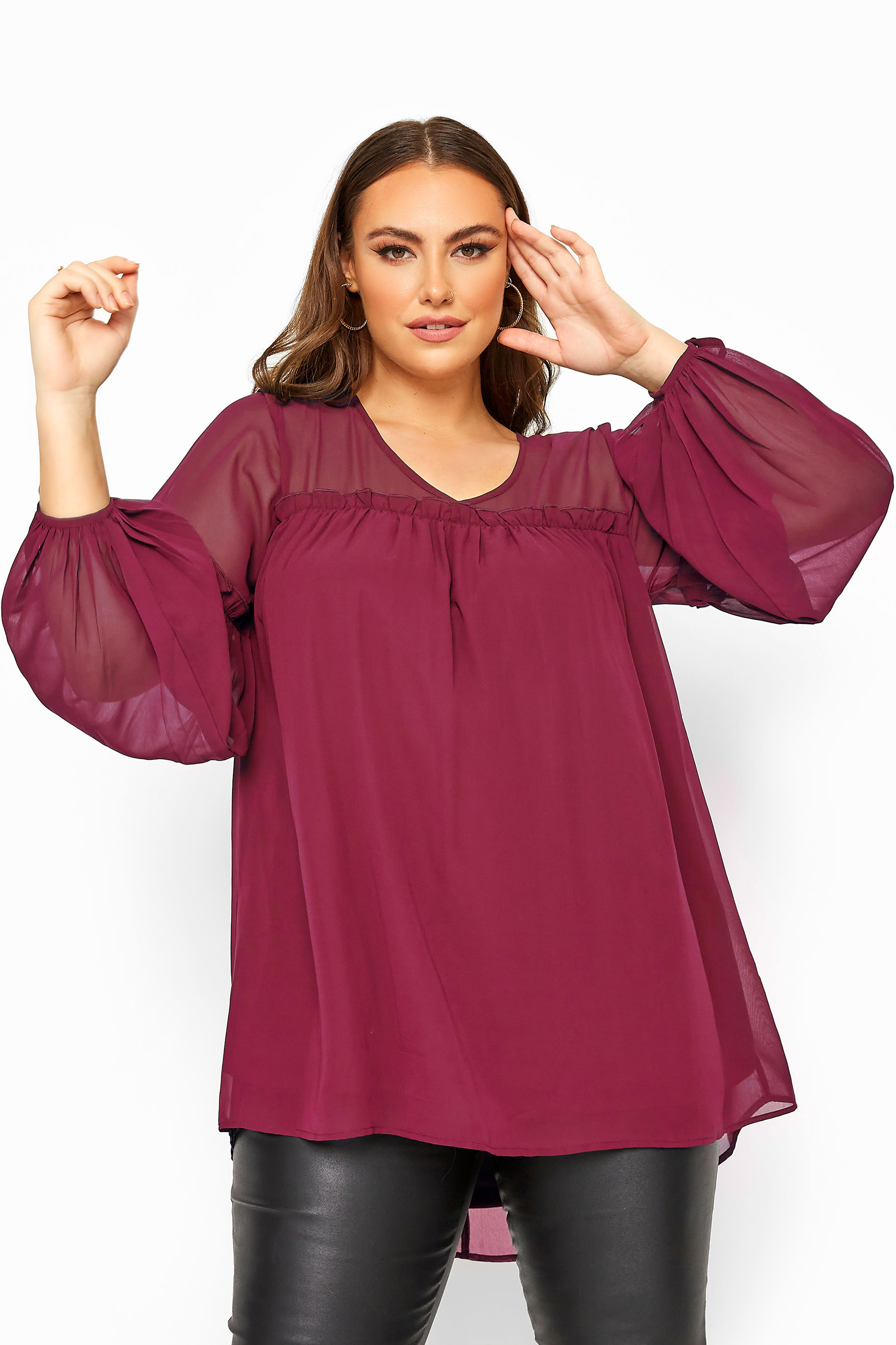 YOURS LONDON Burgundy Chiffon Frill Blouse | Yours Clothing