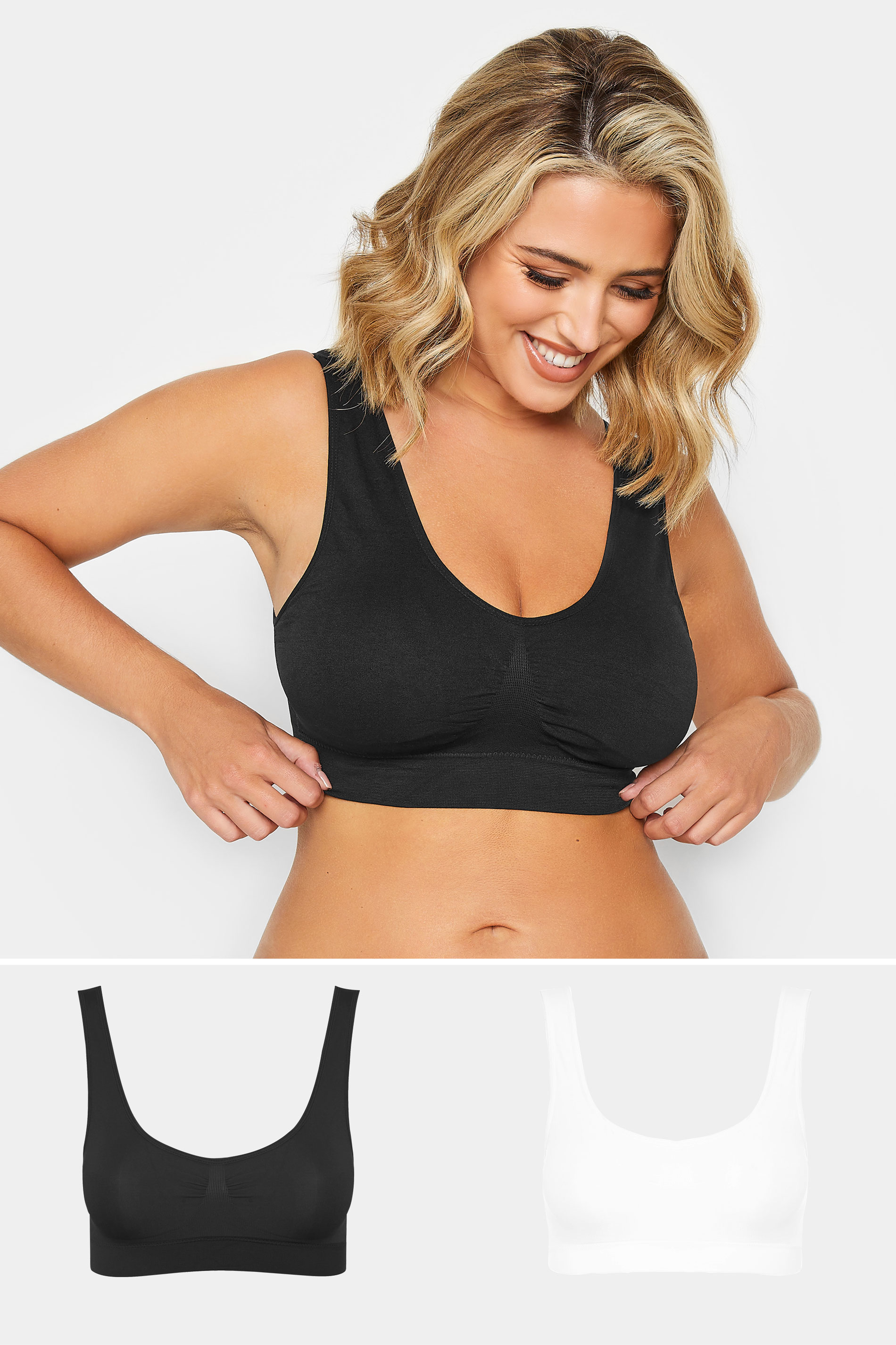 2 PACK White & Black Seamless Padded Non-Wired Bralettes | Yours Clothing 1