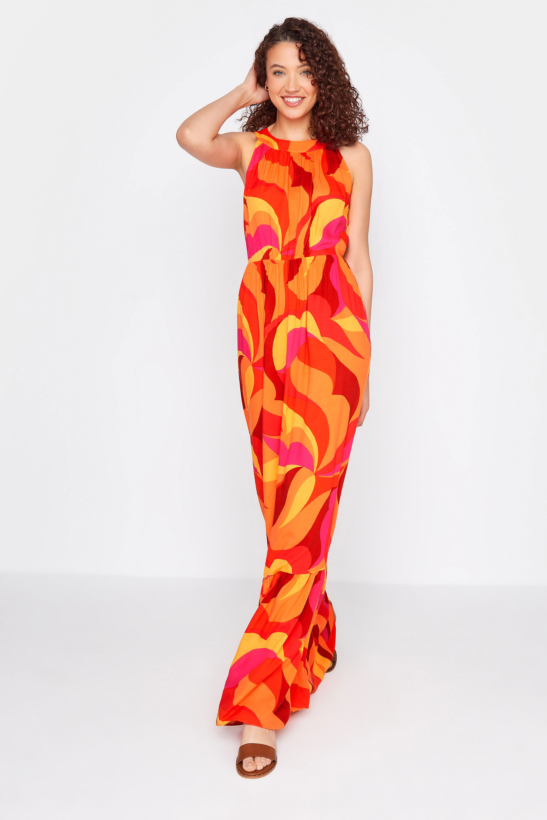 LTS Tall Women's Bright Orange Swirl Print Halter Neck Maxi Dress | Long Tall Sally 1