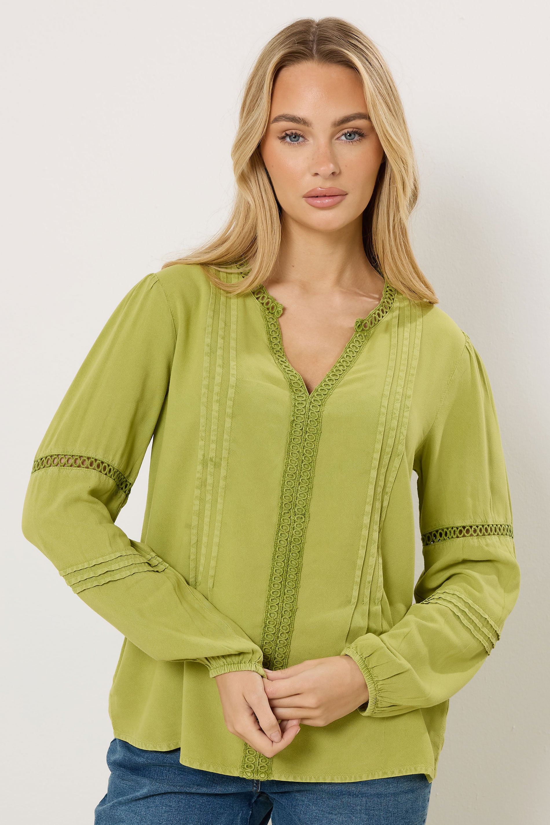 M&Co Green Lace Trim Pintuck Blouse | M&Co 3