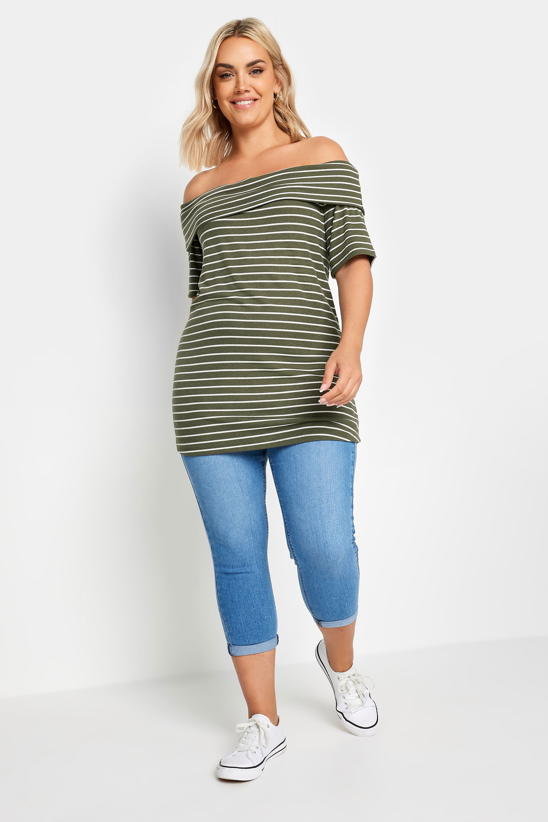 YOURS Plus Size Green Striped Bardot Top | Yours Clothing 2