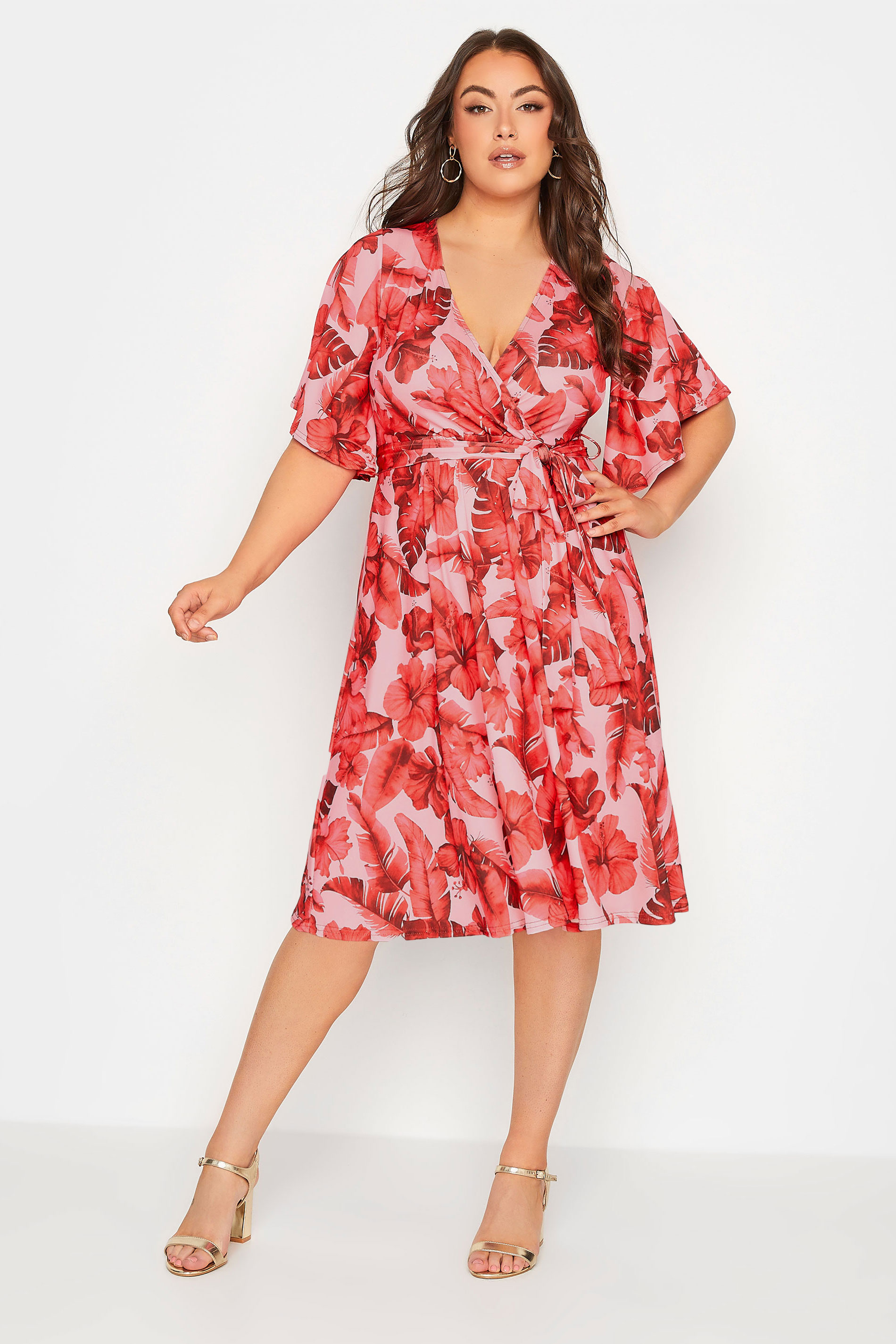 YOURS LONDON Plus Size Pink Tropical Floral Print Wrap Dress | Yours Clothing 1