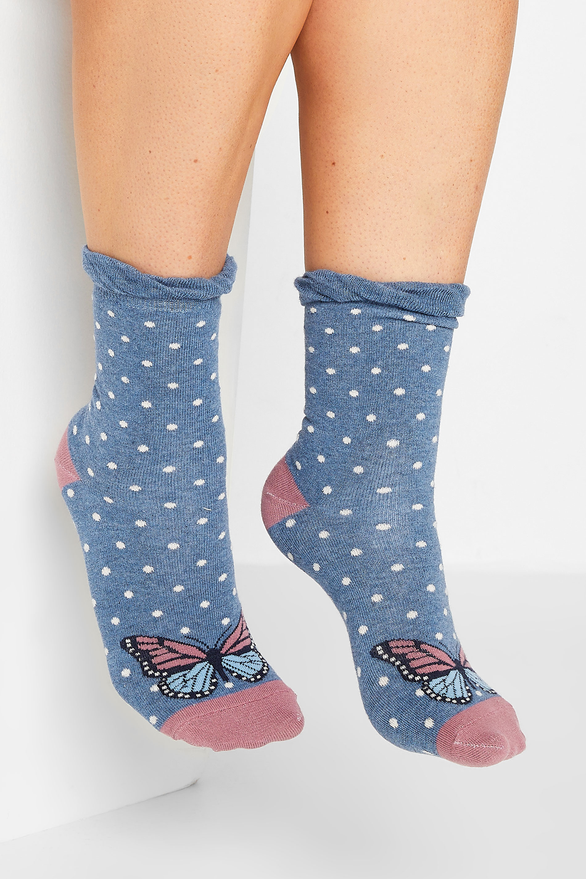 YOURS 4 PACK Blue Butterfly Print Ankle Socks | Yours Clothing 2