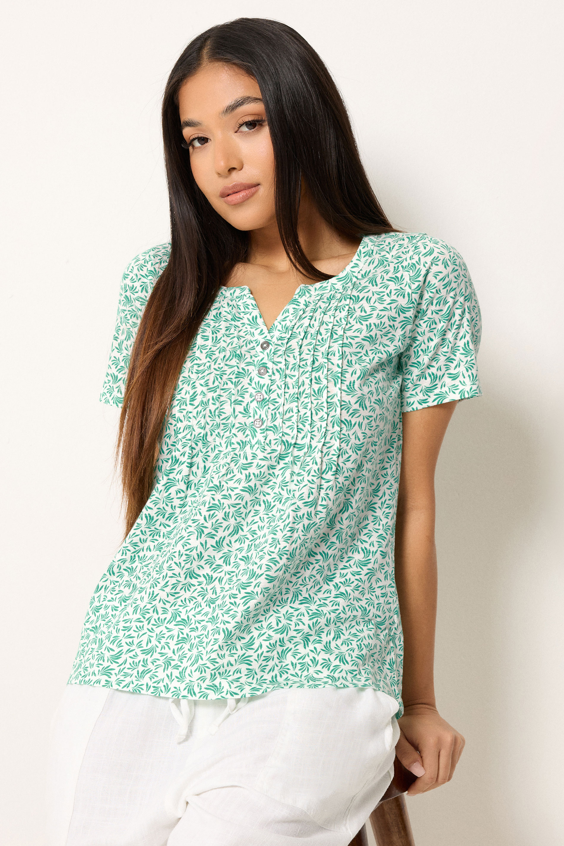 M&Co Petite White & Green Leaf Print Cotton Henley Top | M&Co 3