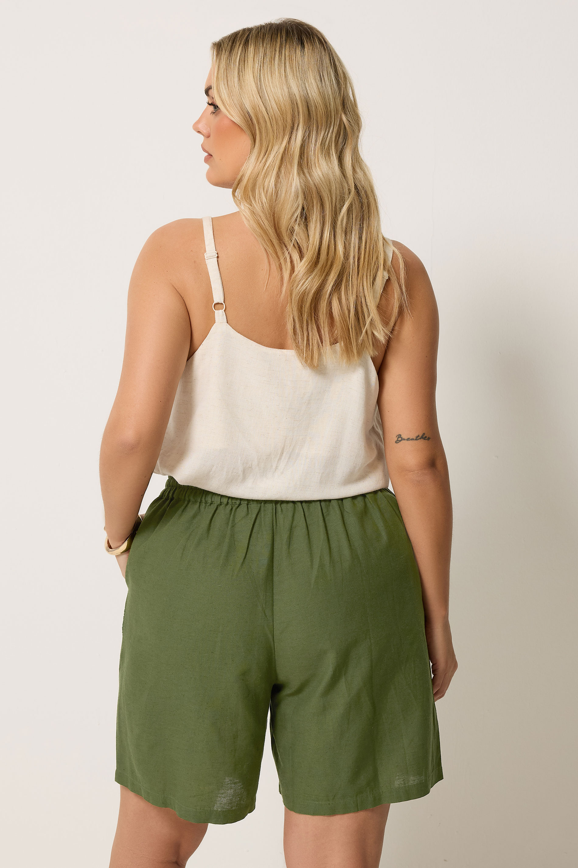 YOURS Plus Size Khaki Green Crochet Drawstring Shorts | Yours Clothing 2