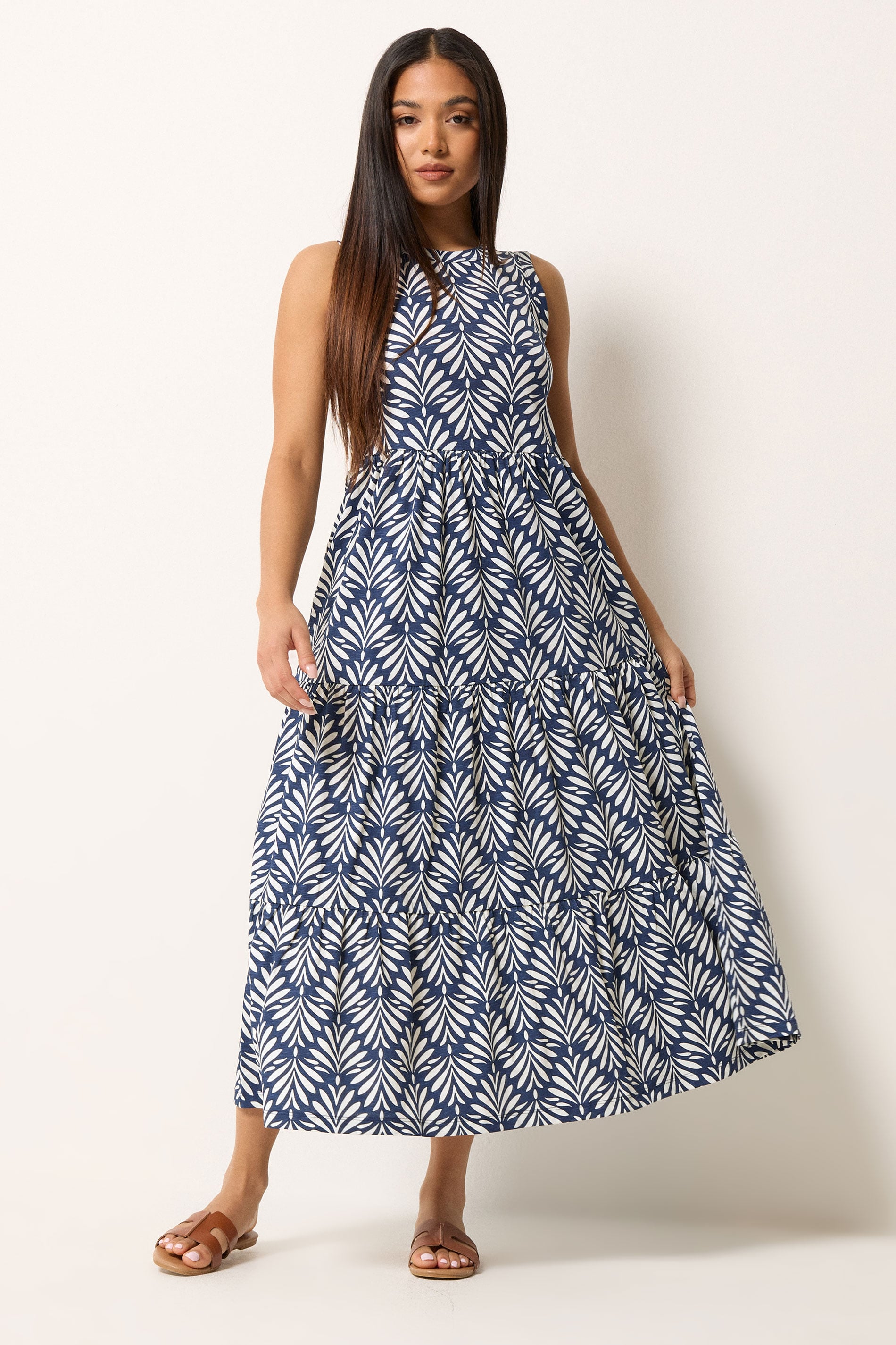 M&Co Petite Navy Blue Leaf Print Tiered Cotton Maxi Dress | M&Co 3