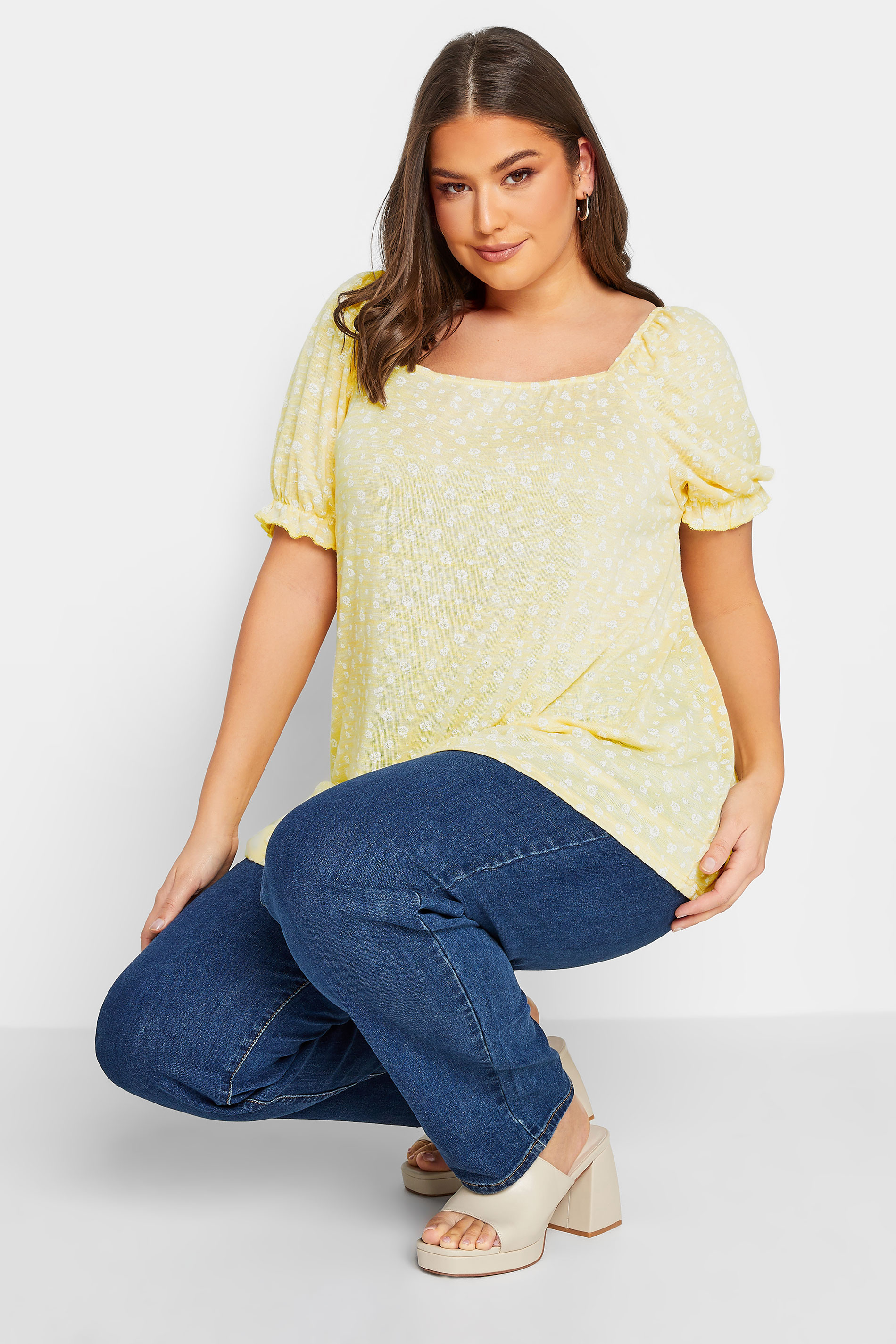YOURS Plus Size Yellow Marl Ditsy Floral Top | Yours Clothing 1