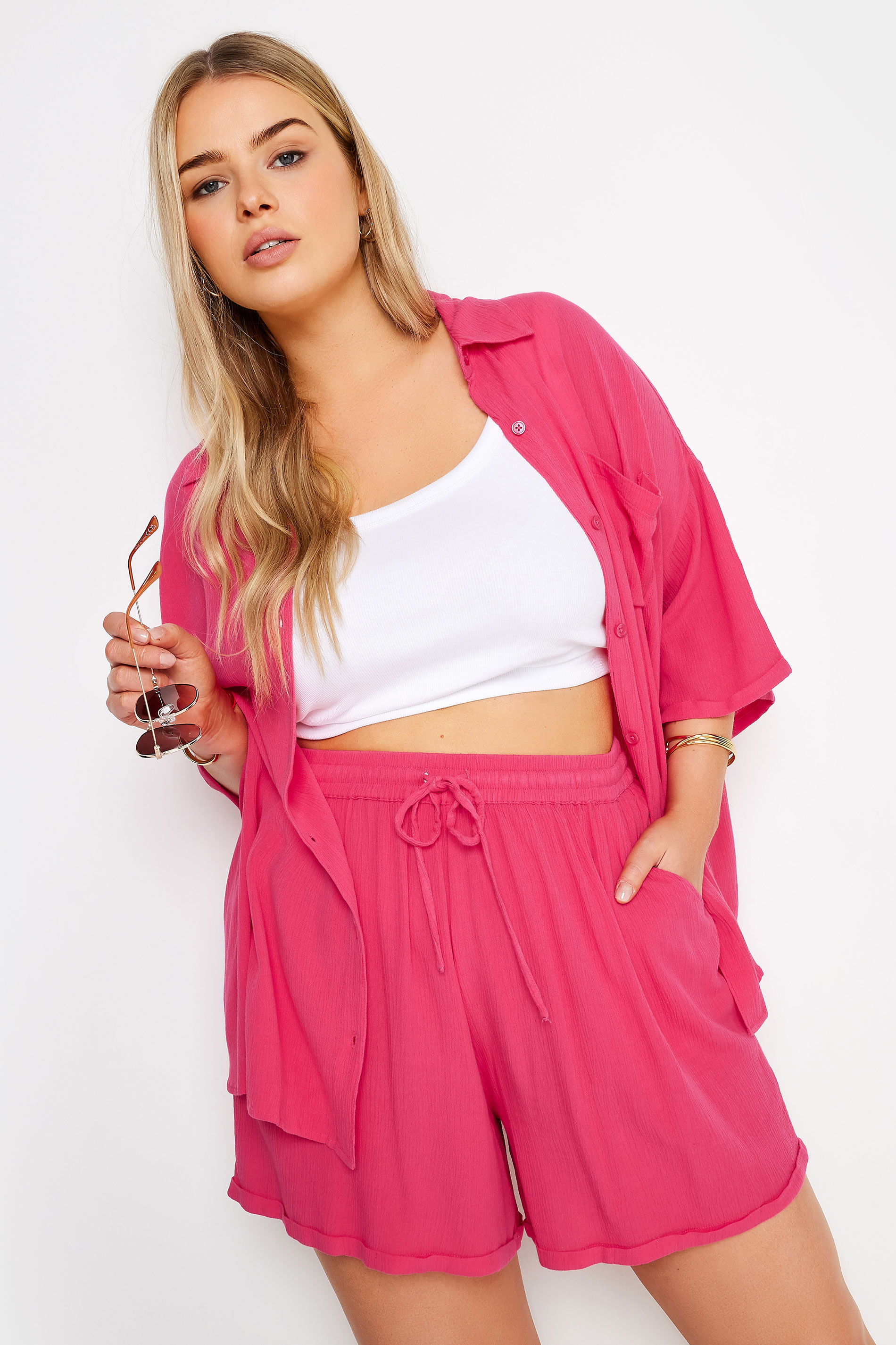 LIMITED COLLECTION Plus Size Pink Crinkle Shorts | Yours Clothing 2