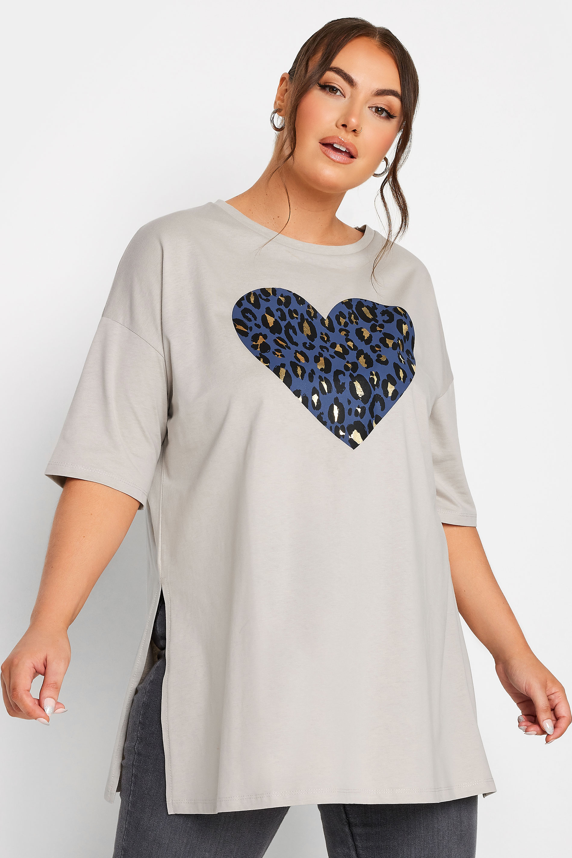 YOURS Plus Size Grey Leopard Print Heart Oversized T-Shirt | Yours Clothing 1