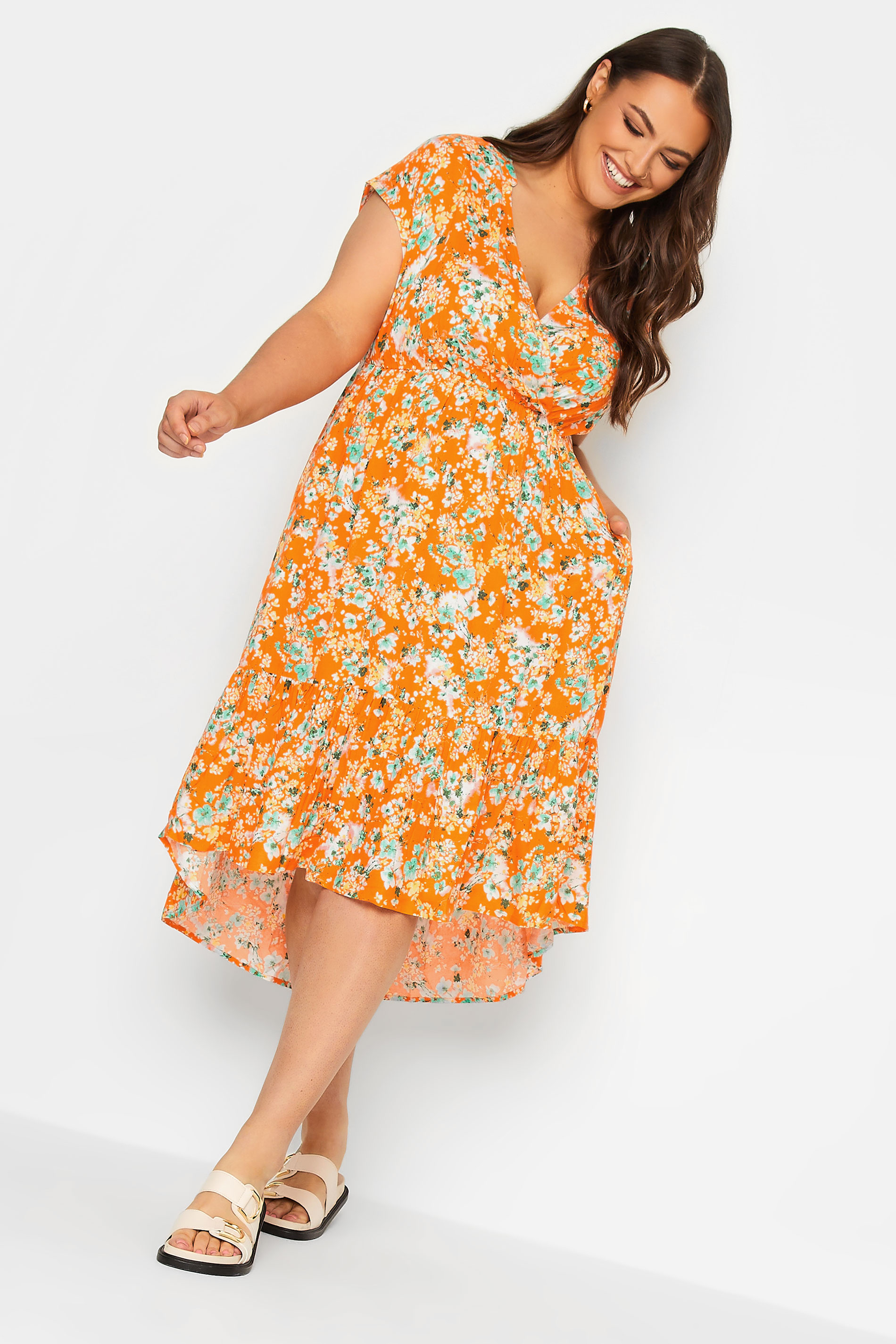 YOURS Plus Size Orange Floral Print High Low Wrap Dress | Yours Clothing 2