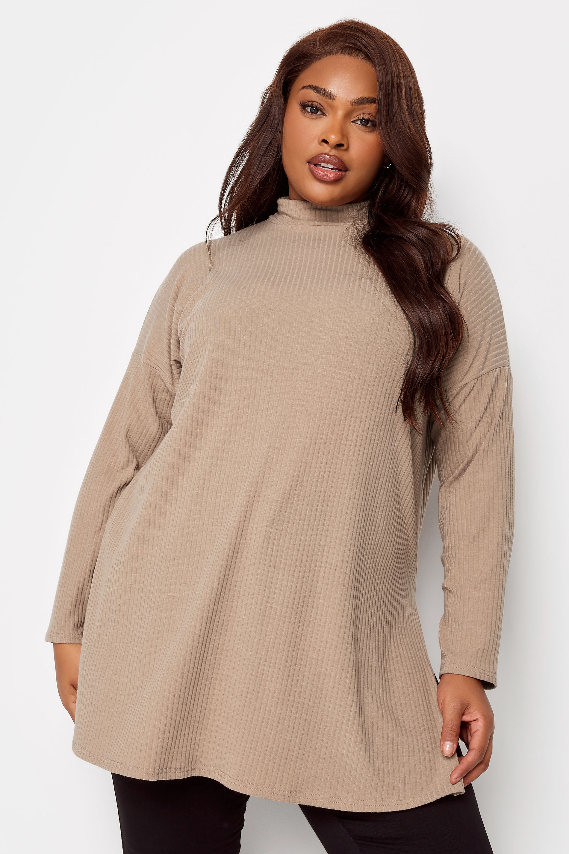 YOURS Plus Size Beige Brown Ribbed Turtle Neck Top | Yours Clothing 1