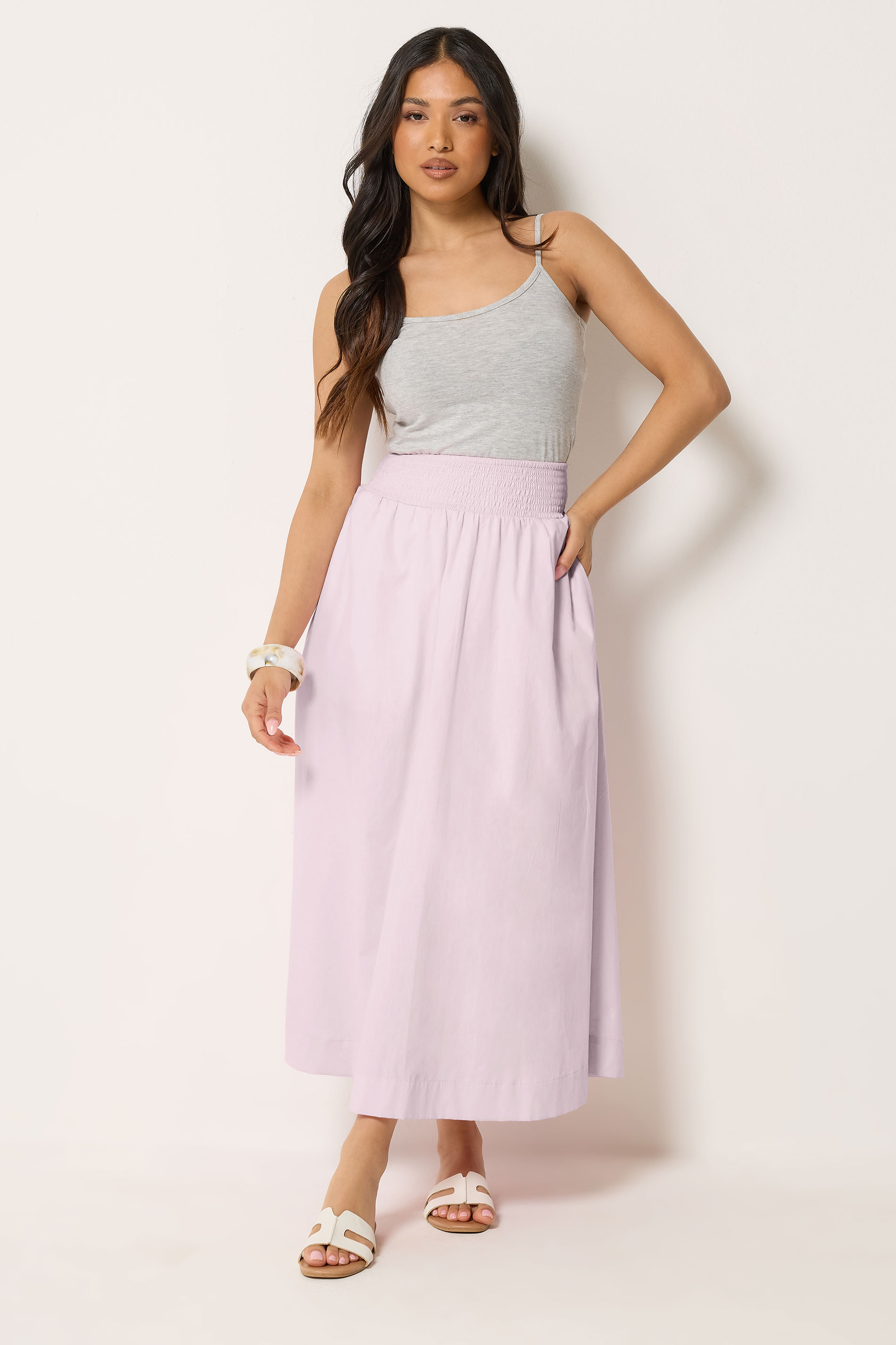 PixieGirl Petite Women's Baby Pink Poplin Shirred Cotton Maxi Skirt | PixieGirl 3