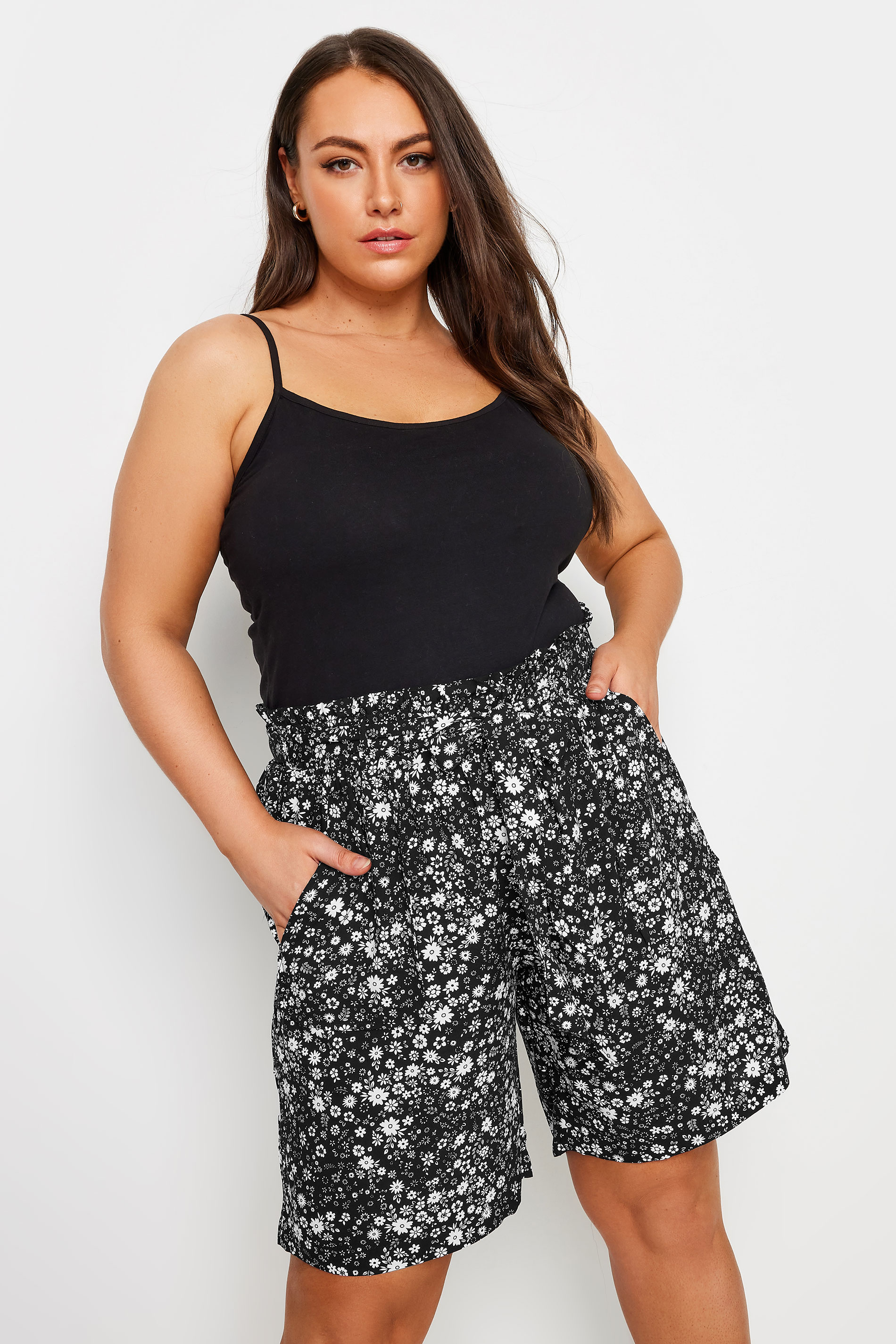 YOURS Plus Size Black Ditsy Floral Print Paperbag Shorts | Yours Clothing 1