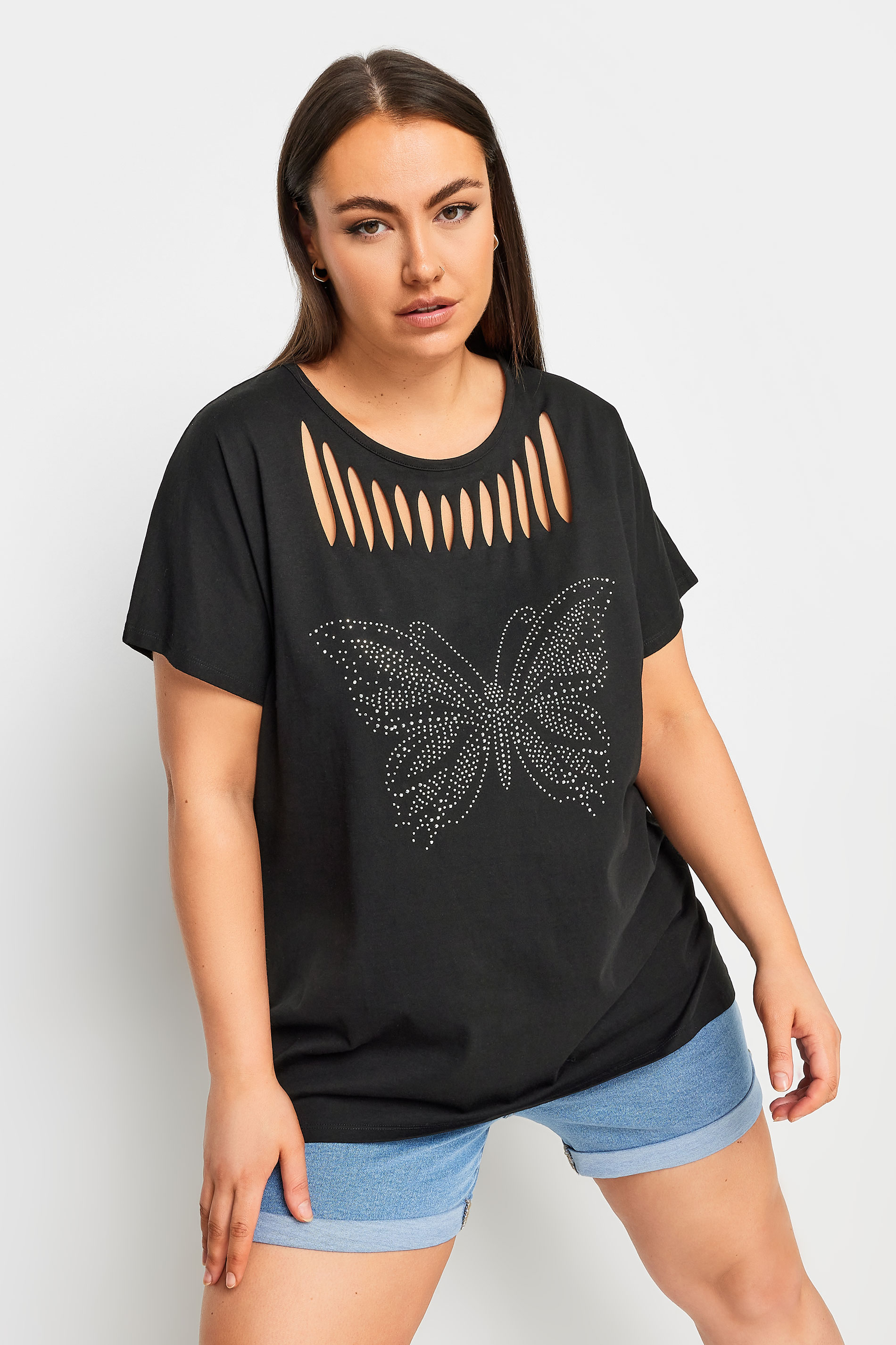 YOURS Plus Size Black Cut Out Butterfly Embellished T-Shirt | Yours Clothing 1