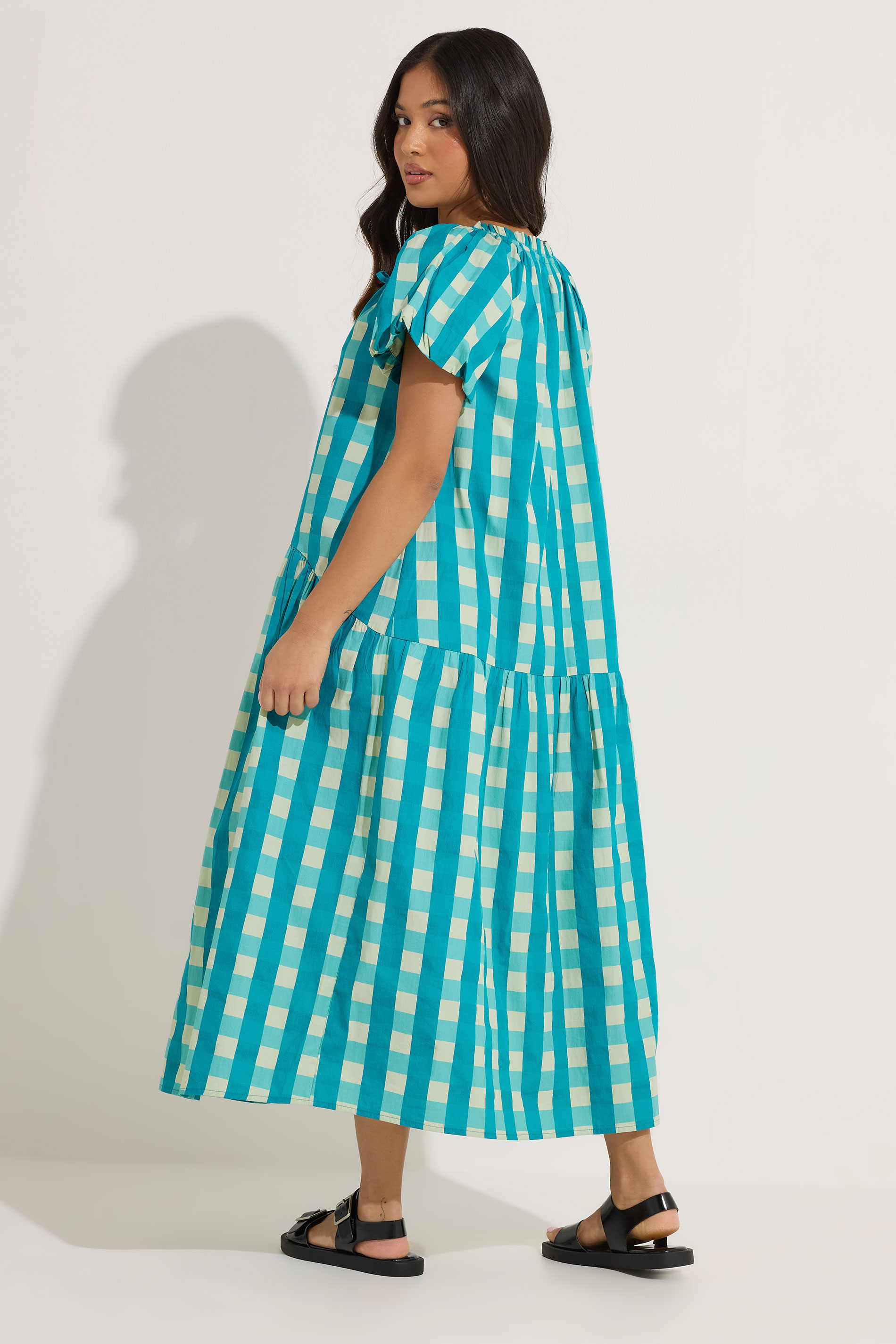 PixieGirl Petite Women's Teal Green Check Cotton Tie Neck Maxi Dress | PixieGirl 2