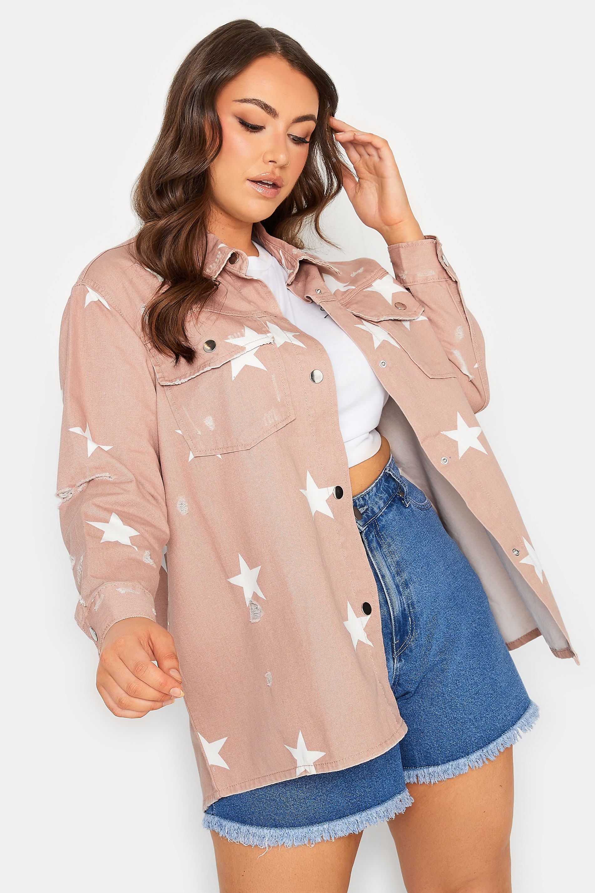 Plus Size Pink Star Print Western Style Distressed Denim Jacket  | Yours Clothing 1