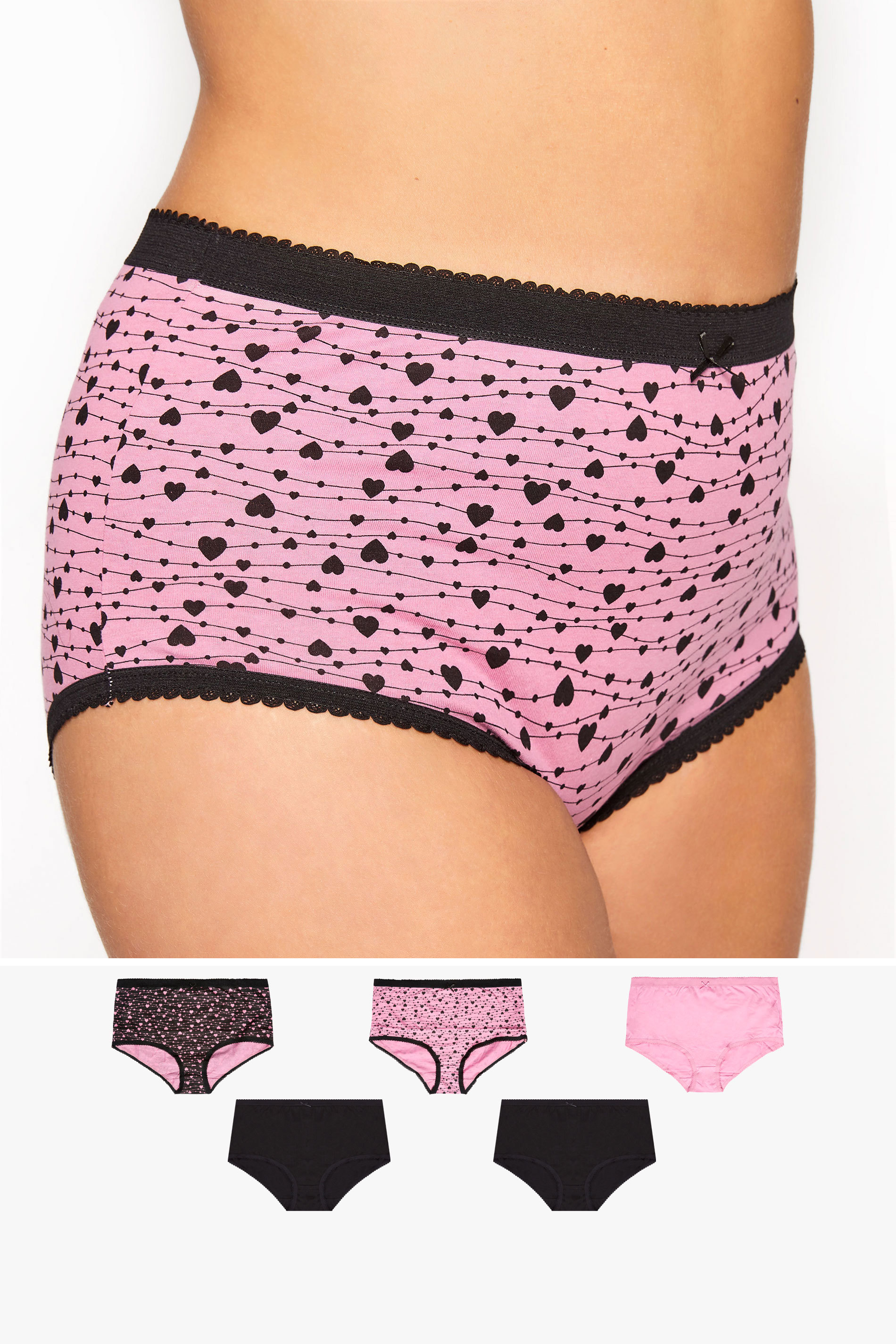 Plus Size 5 PACK Pink & Black Heart Print High Waisted Full Briefs | Yours Clothing 1