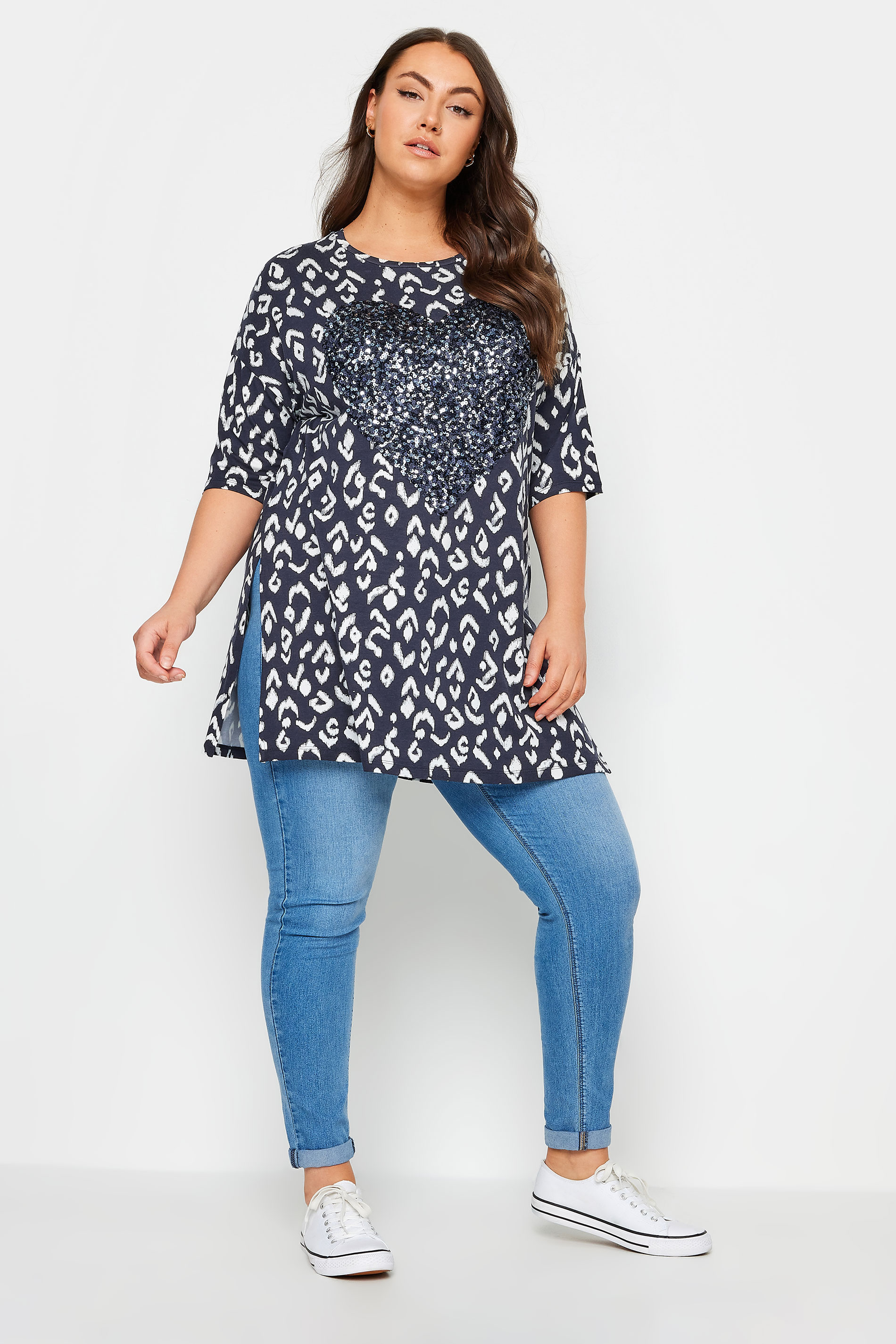 YOURS Plus Size Blue Heart Sequin Embellished Top | Yours Clothing 2
