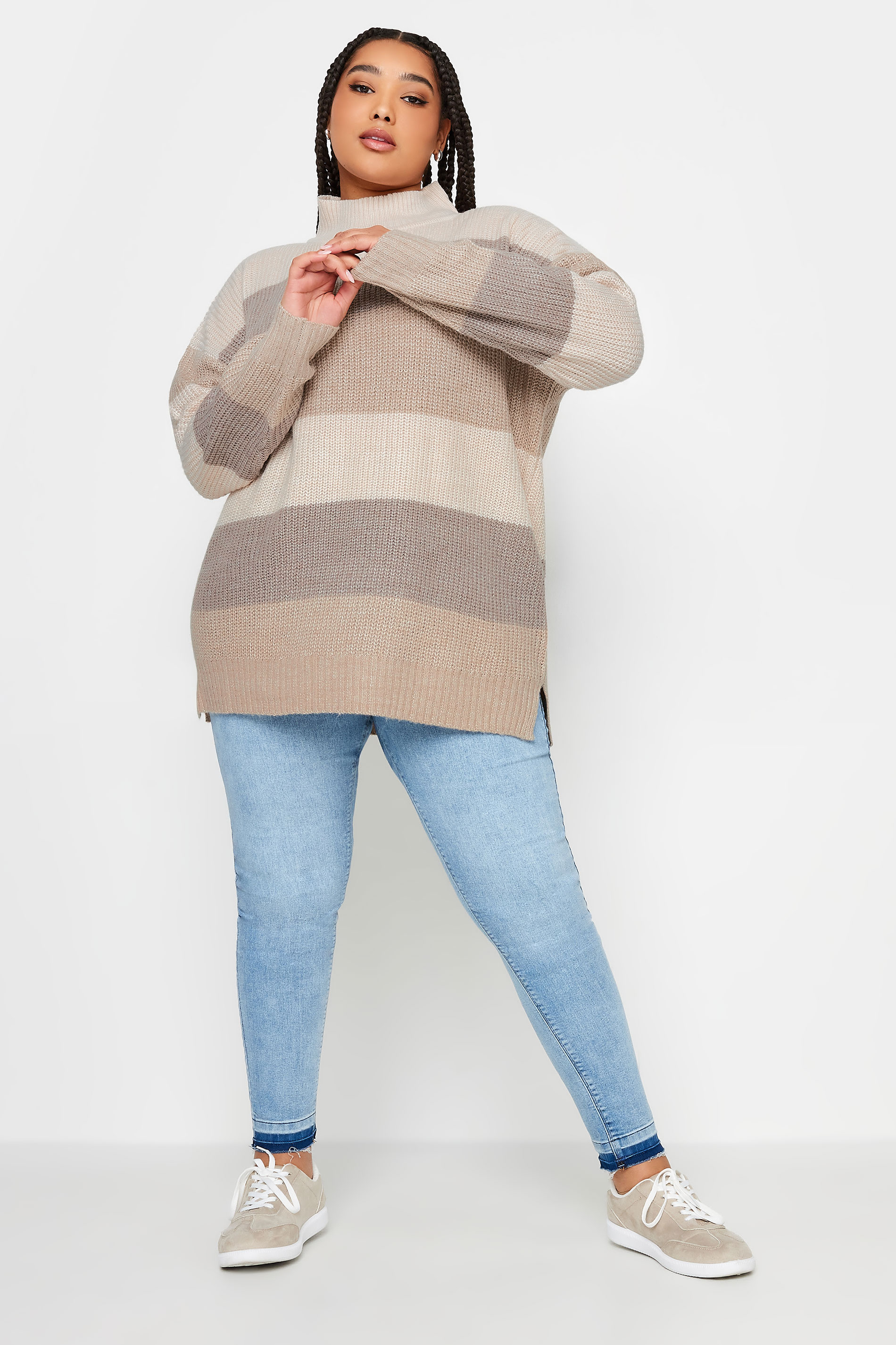 YOURS Plus Size Beige Brown Stripe High Neck Knitted Jumper | Yours Clothing 3