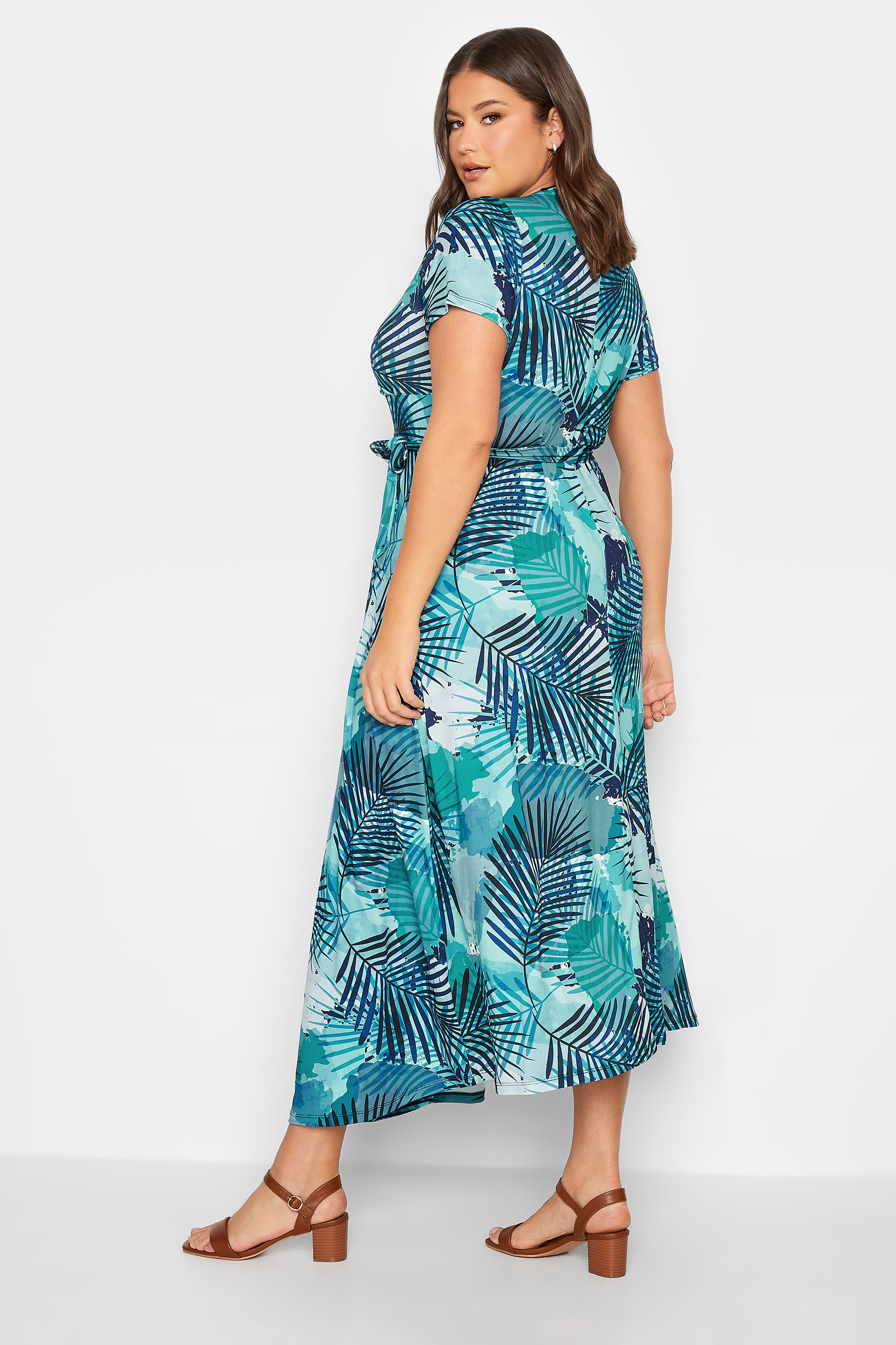 YOURS Plus Size Blue Leaf Print Wrap Maxi Dress | Yours Clothing