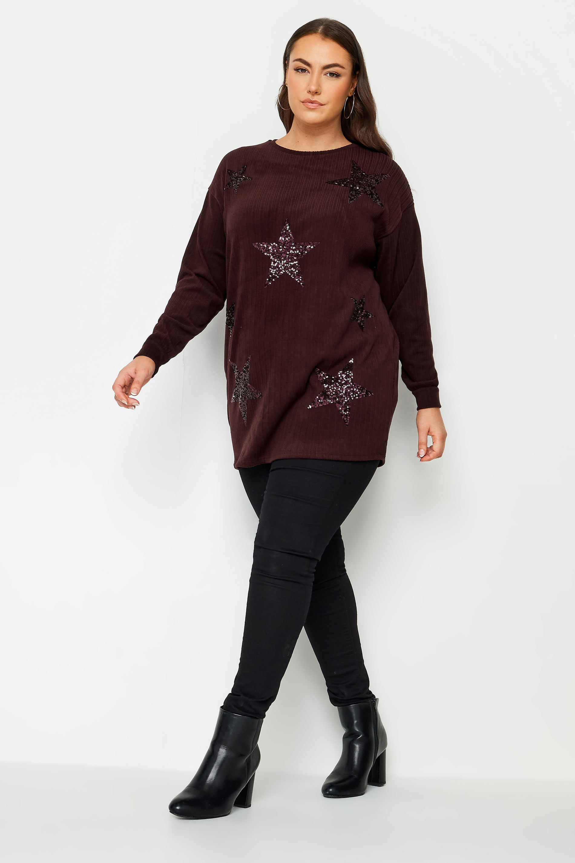 YOURS LUXURY Curve Dark Red Star Sequin Sweatshirt | Yours Clothing 2