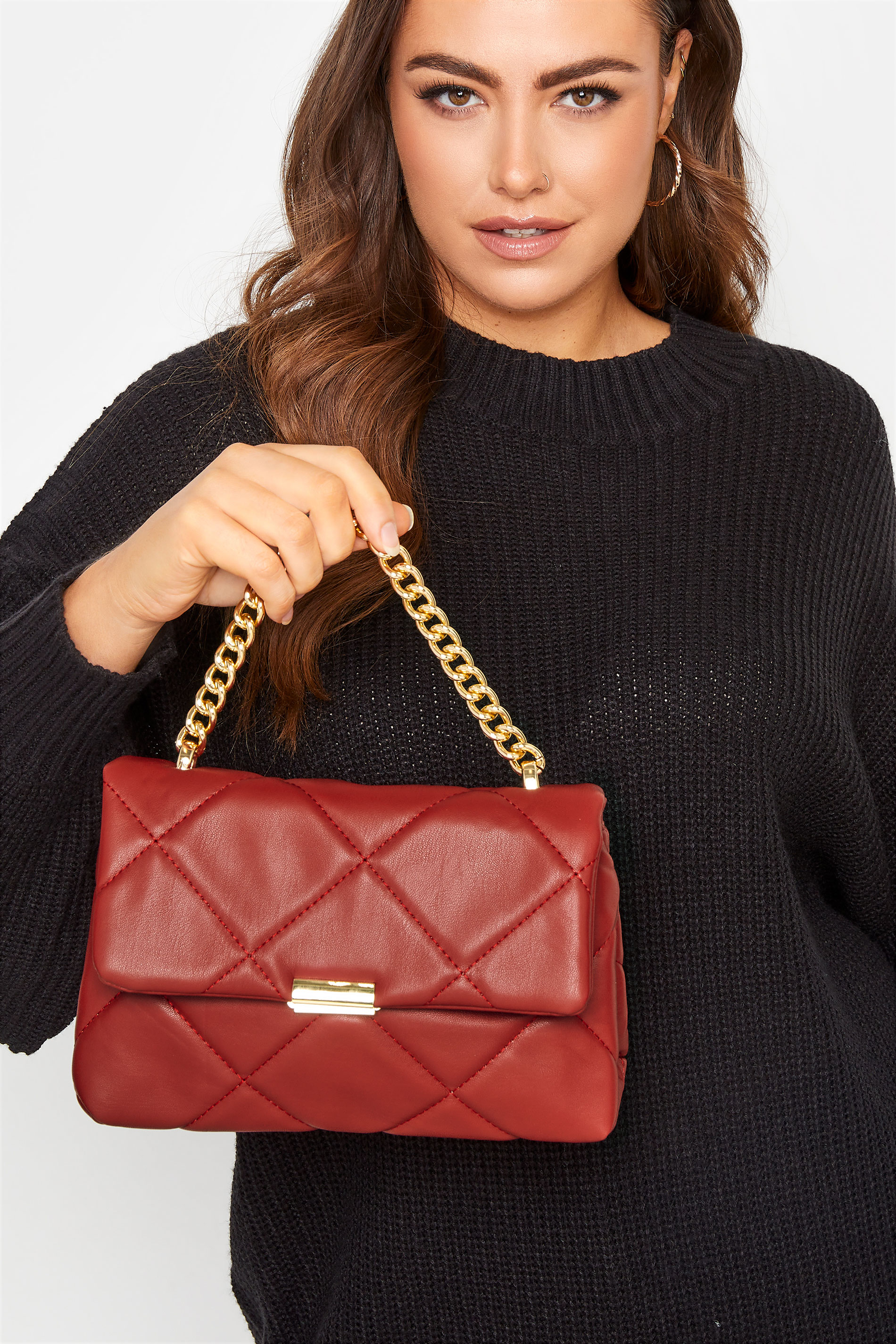Red Quilted Chain Handle Bag | Yours Clothing 3