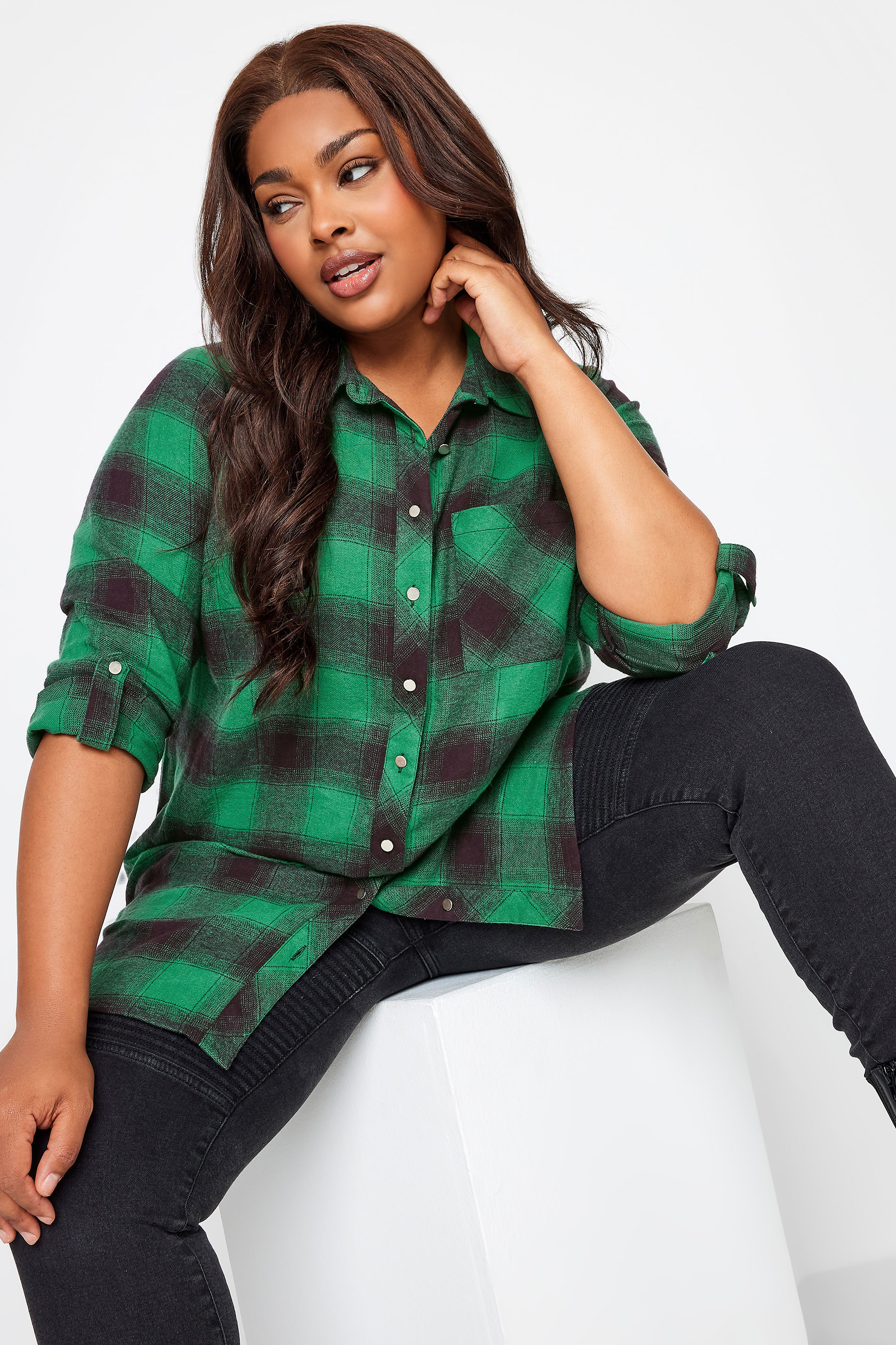 YOURS Plus Size Forest Green Check Print Boyfriend Shirt | Yours Clothing 1
