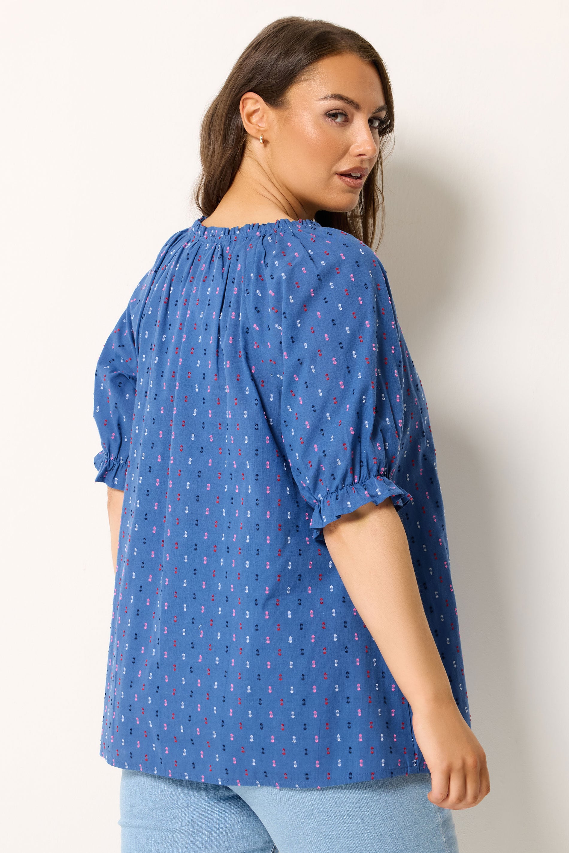 YOURS Plus Size Blue Dobby Frill Neck Top | Yours Clothing 2