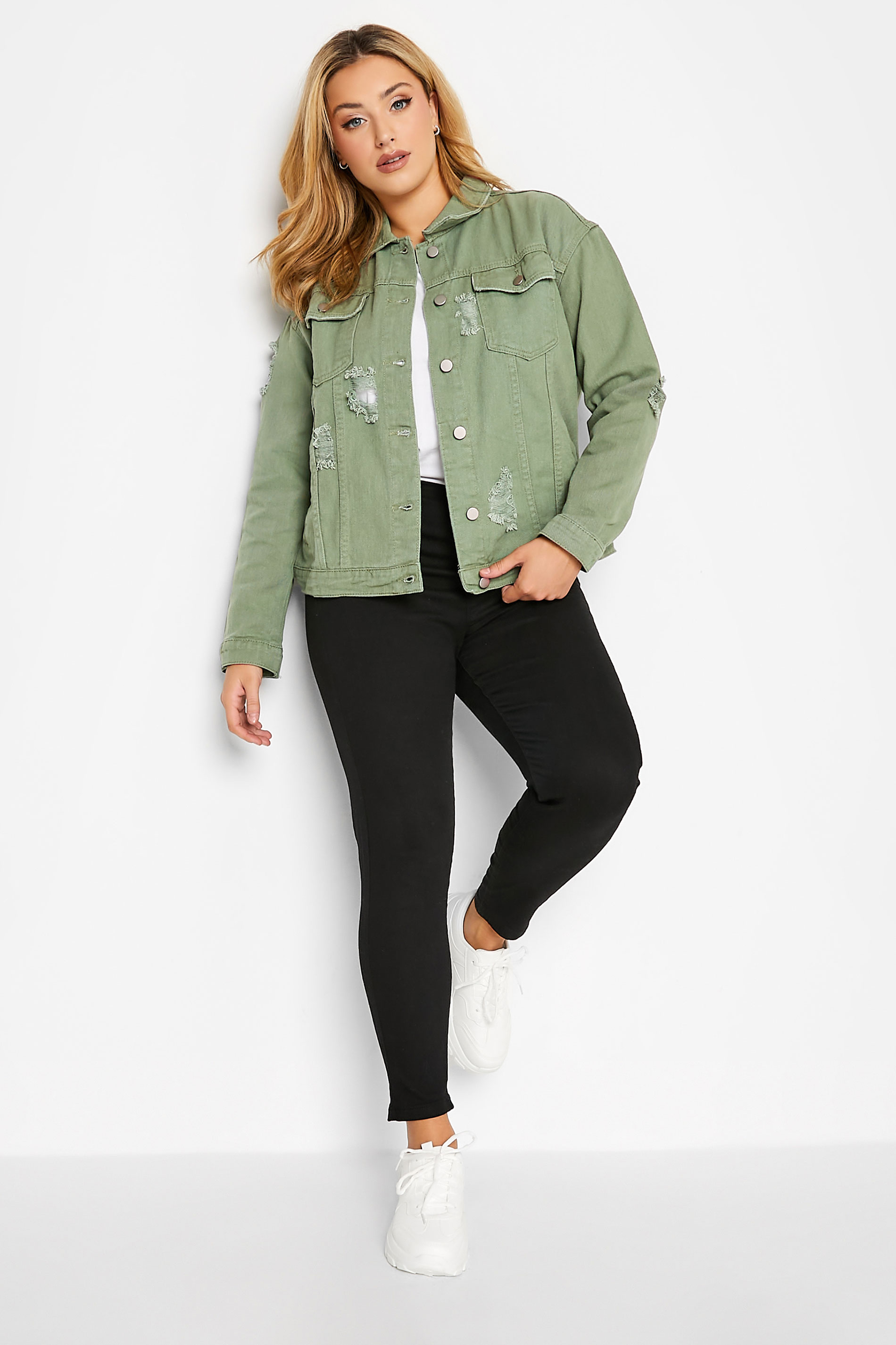 Plus Size Khaki Green Distressed Western Denim Jacket | Yours Clothing 2