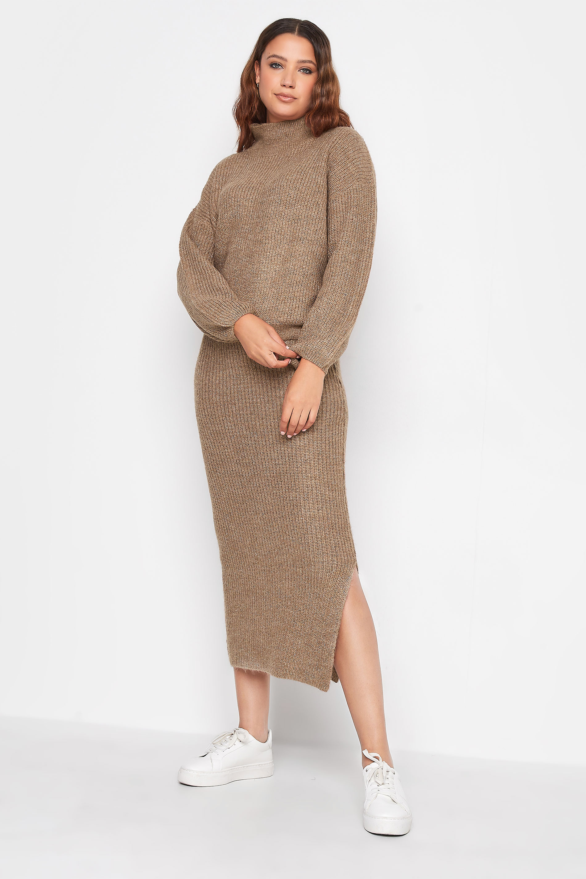 LTS Tall Beige Brown Funnel Neck Knitted Jumper | Long Tall Sally  2