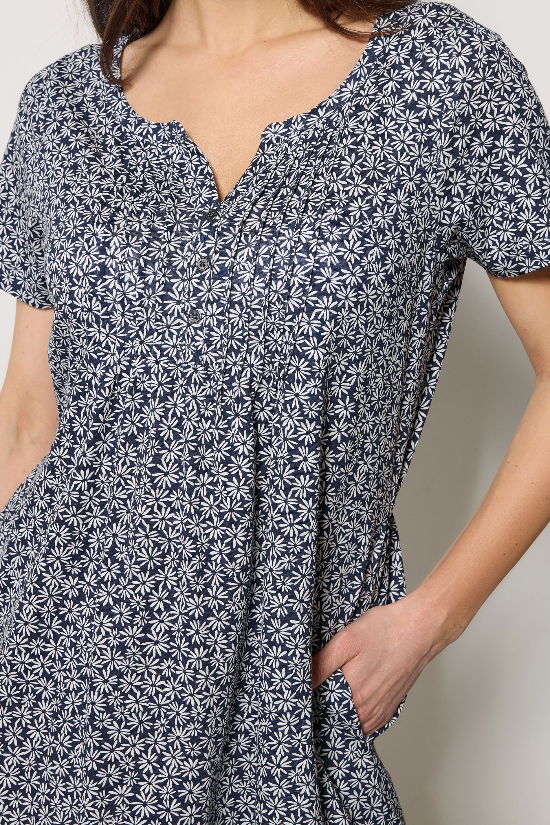 M&Co Navy Blue Ditsy Floral Henley Cotton Midi Dress | M&Co 4