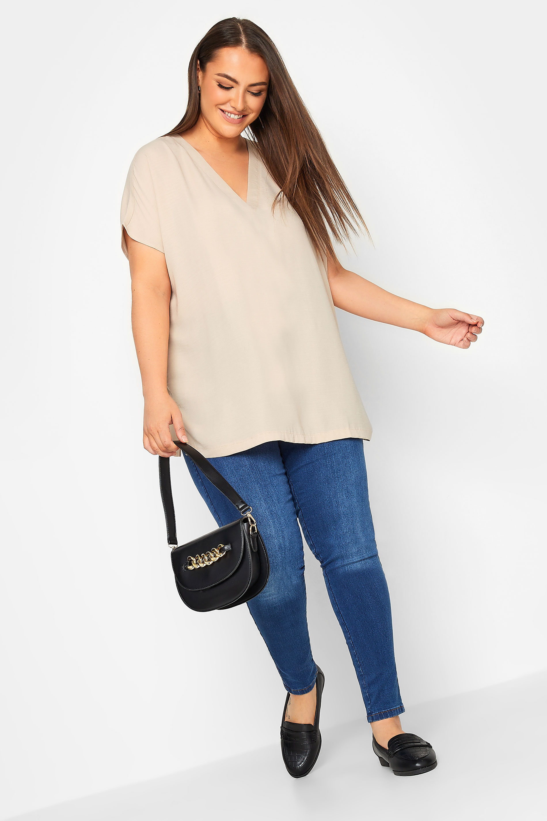 Yours Curve Plus Size Beige Brown V-Neck Shirt | Yours Clothing  3