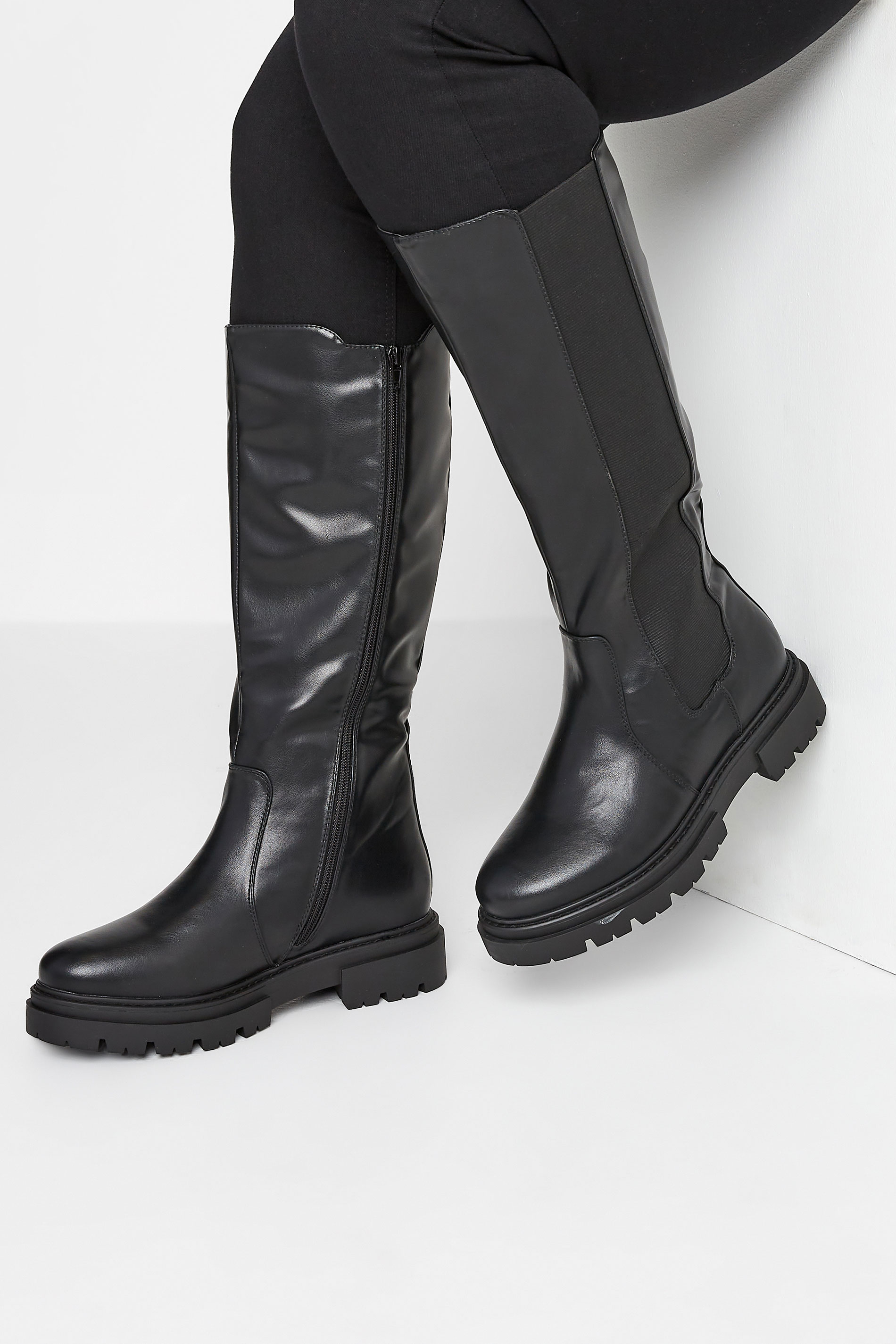 LIMITED COLLECTION Black Elasticated Knee High Cleated Boots In Extra Wide Fit | Yours Clothing 1