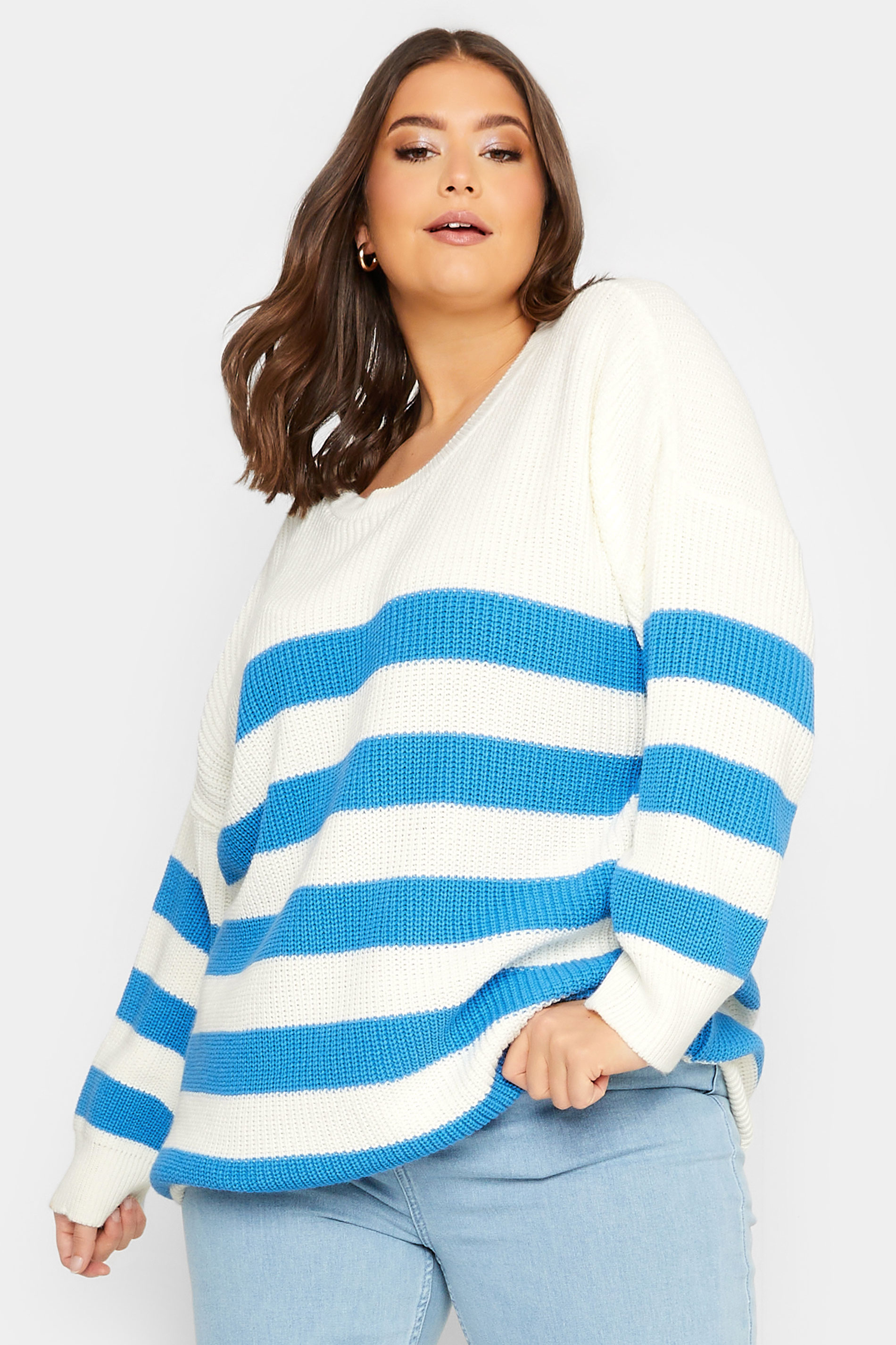 YOURS Plus Size White & Blue Stripe Jumper | Yours Clothing 1