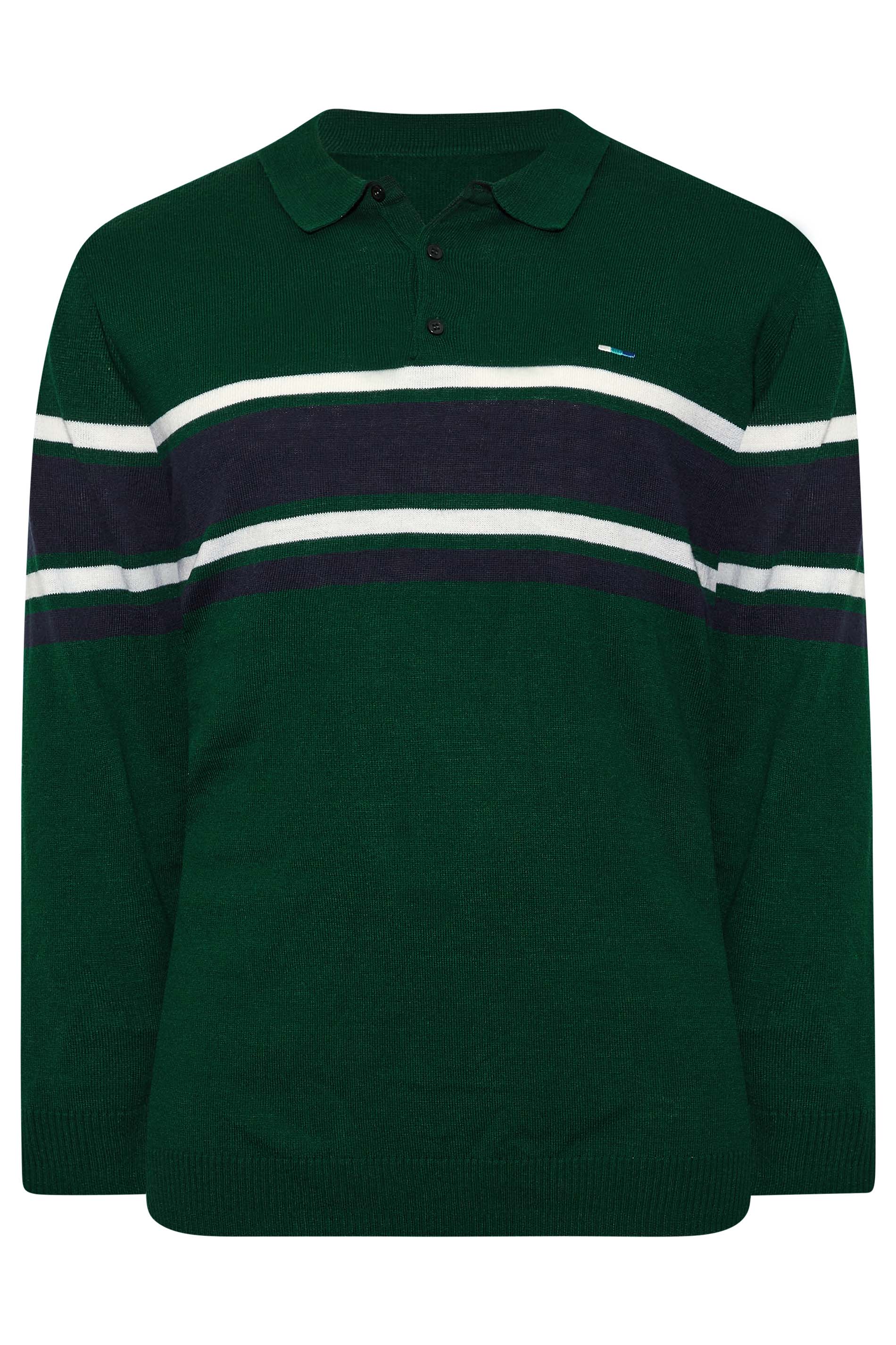 BadRhino Big & Tall Forest Green Stripe Long Sleeve Knitted Polo Shirt 1