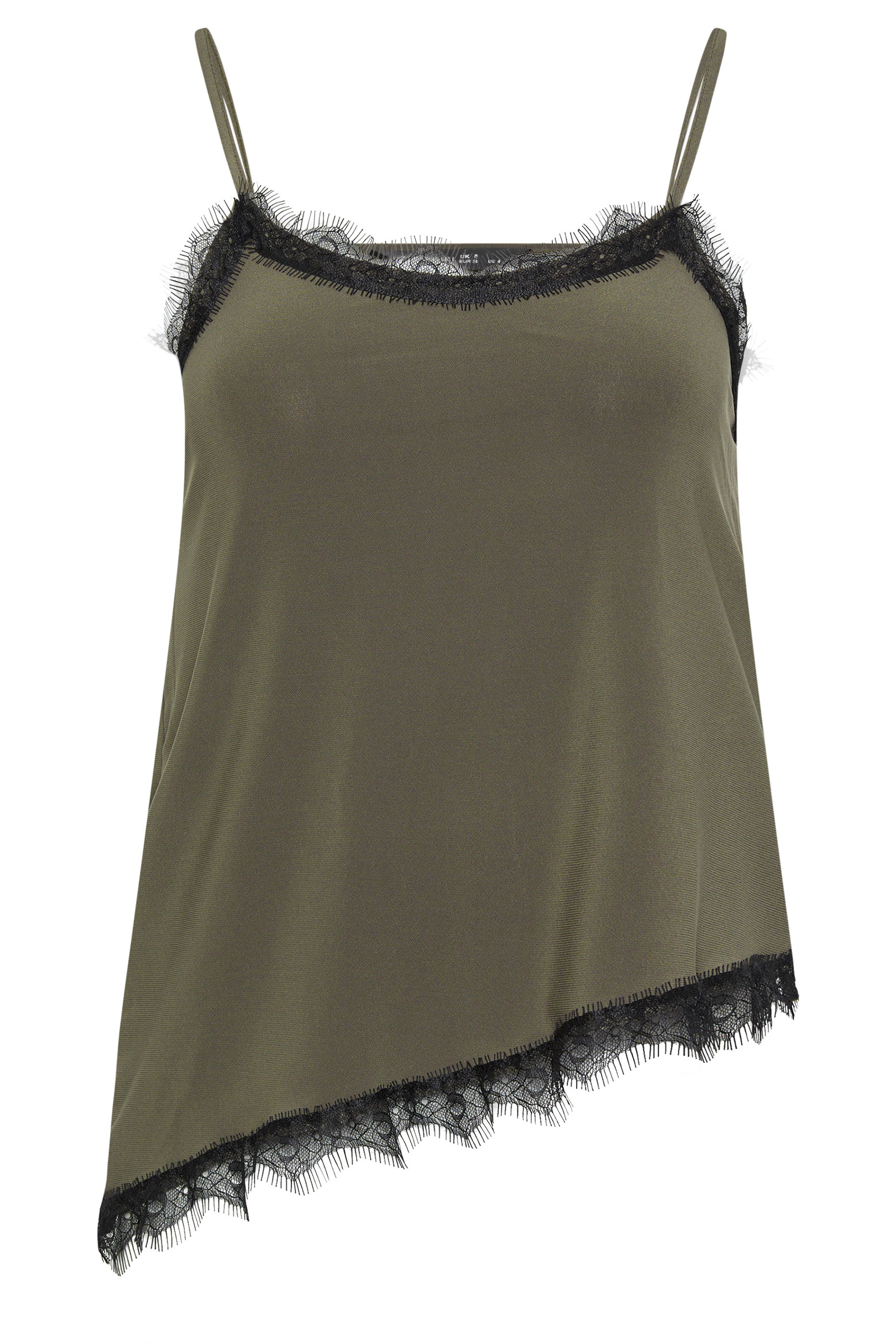 PixieGirl Petite Women's Khaki Green Lace Trim Asymmetric Vest Top | PixieGirl 5