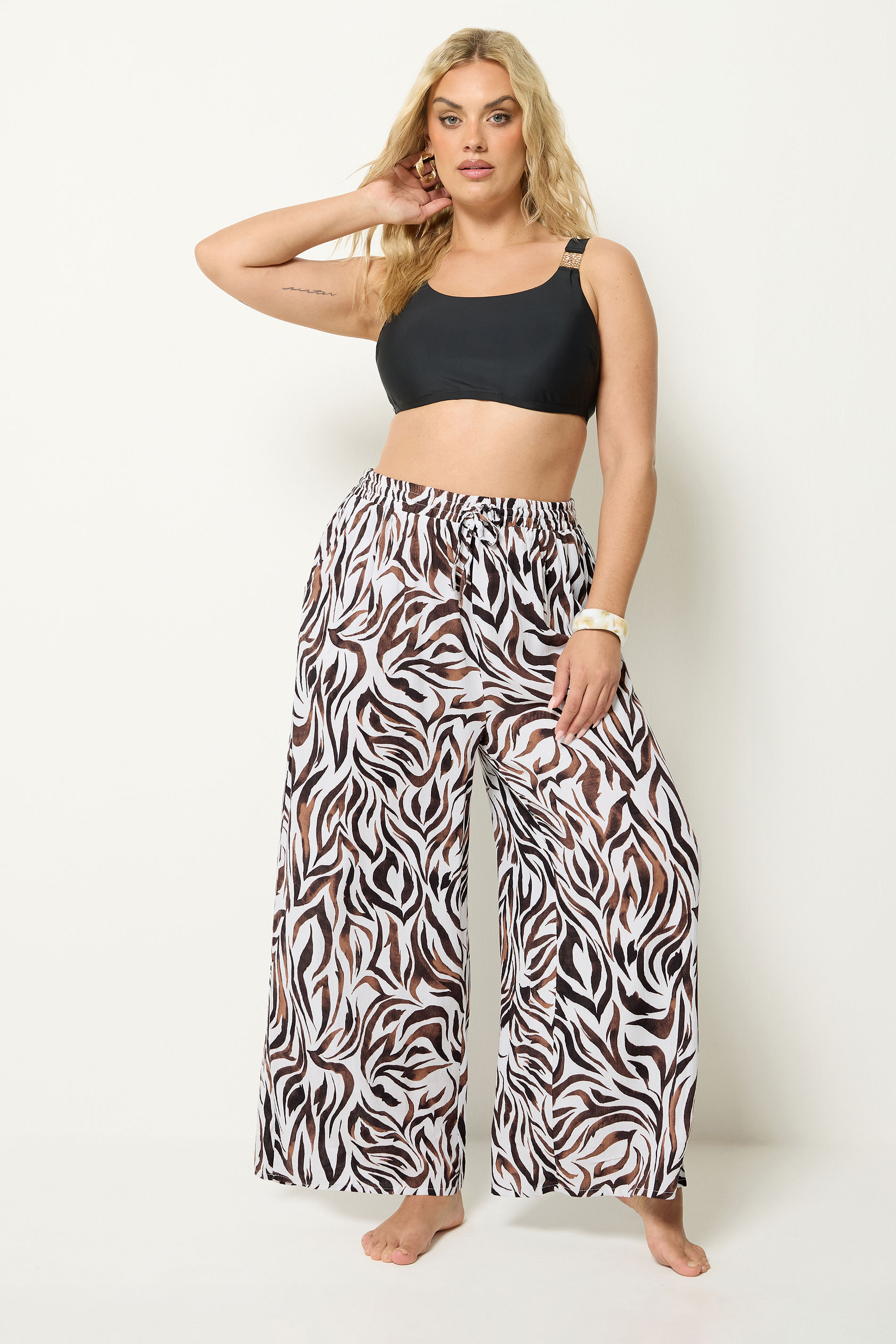 YOURS Plus Size Natural Brown Zebra Print Wide Leg Trousers | Yours Clothing 2